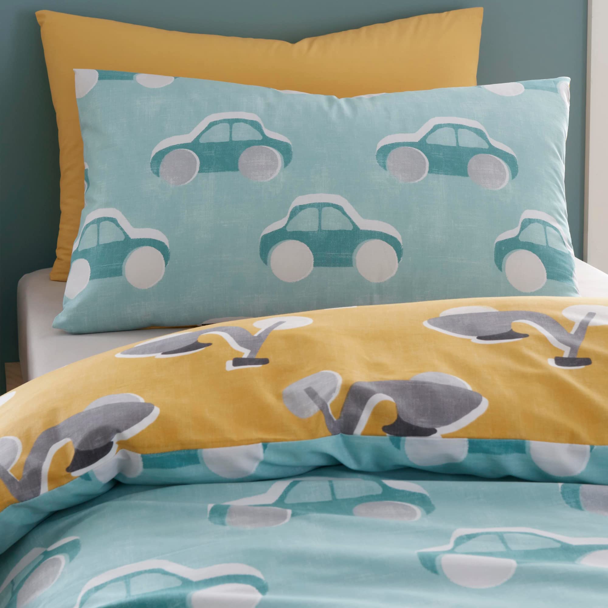 Bedlam Cool Cars Reversible Duvet Cover Set - 100% Cotton, Single Size (Duck Egg/Yellow) 2