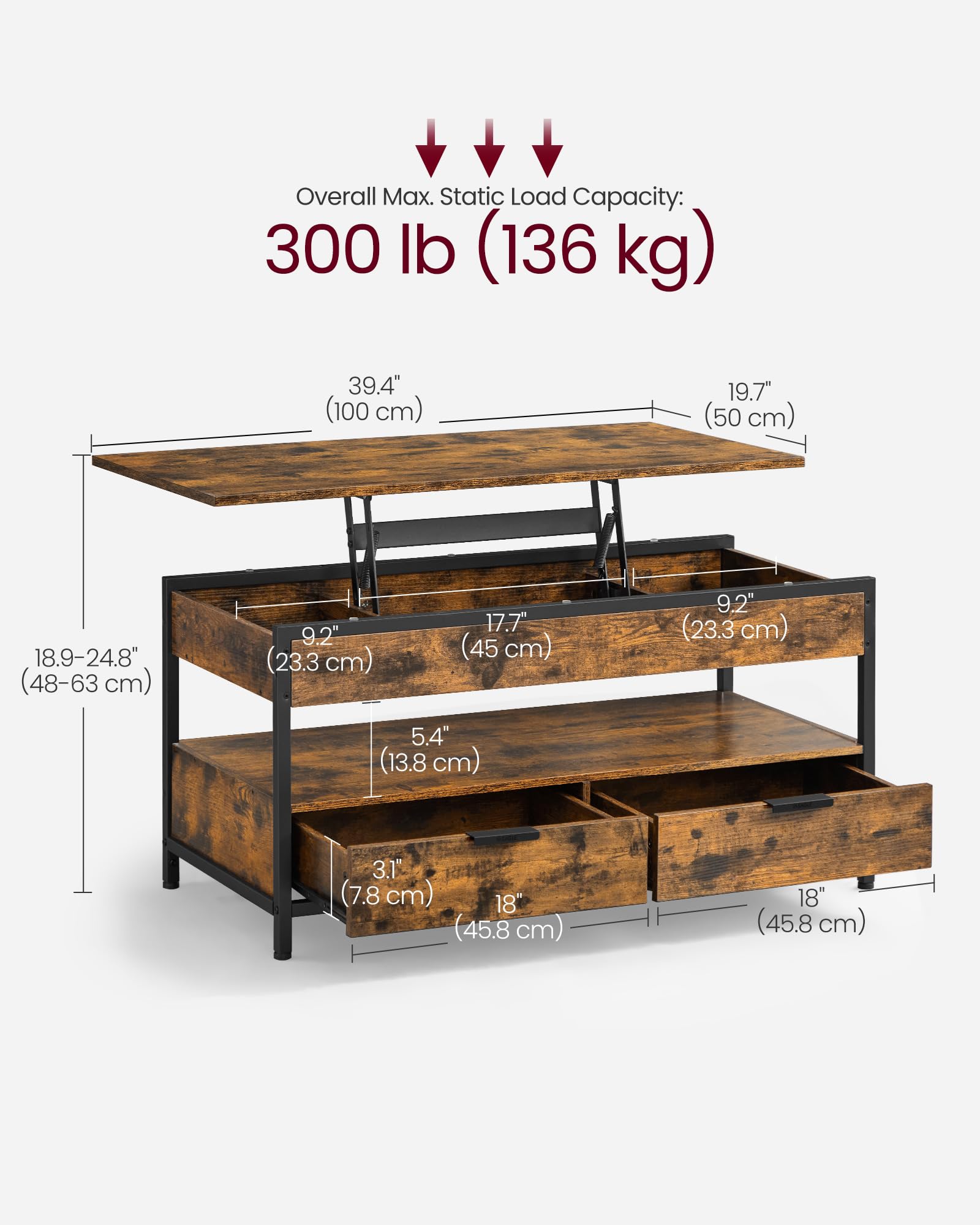 VASAGLE Lift Top Coffee Table - Storage Drawers | Rustic Brown + Ink Black | 100cm Wide 3