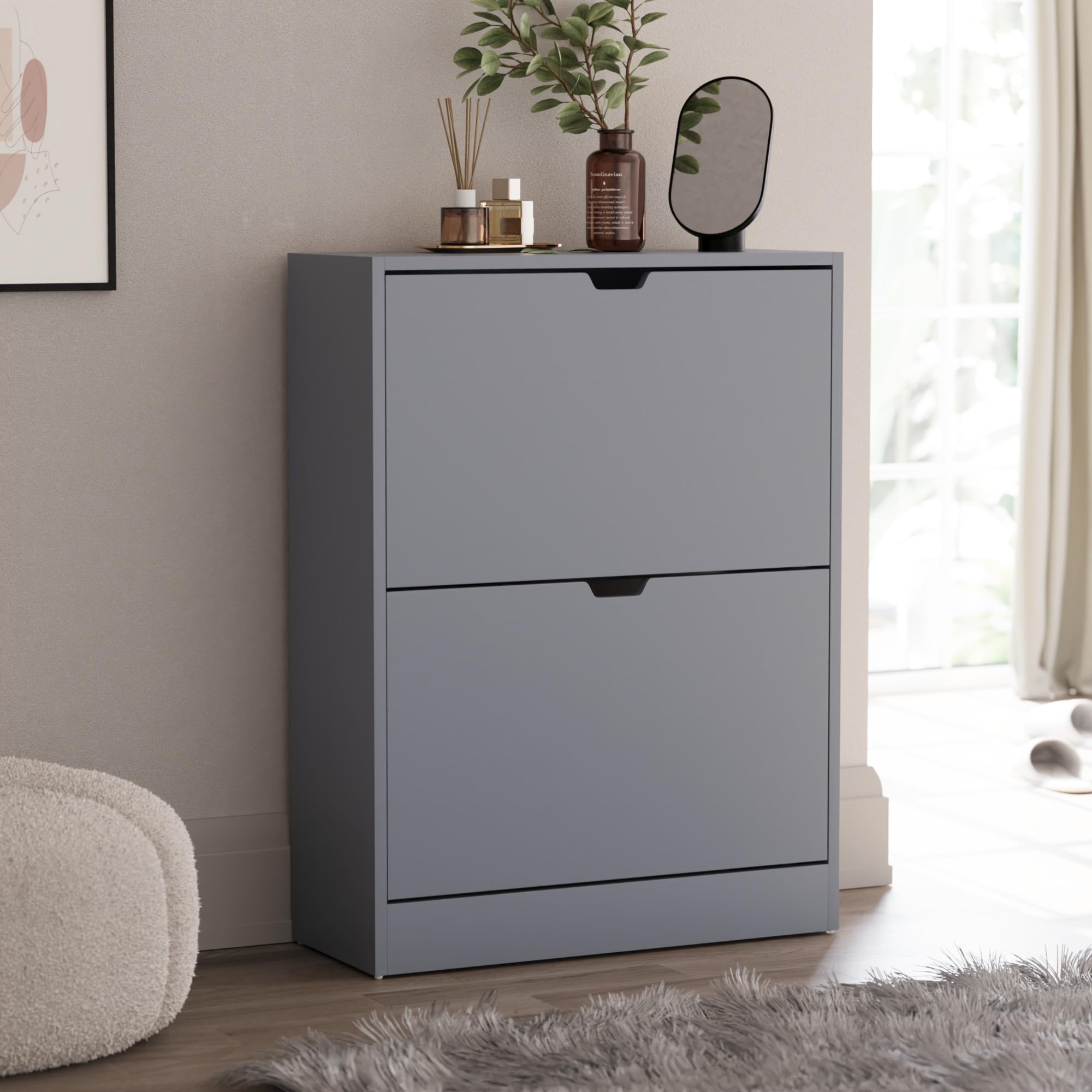 Vida Designs Wooden Shoe Cabinet - 2 Flip Drawers | Space-Saving Slim Design | Grey 1