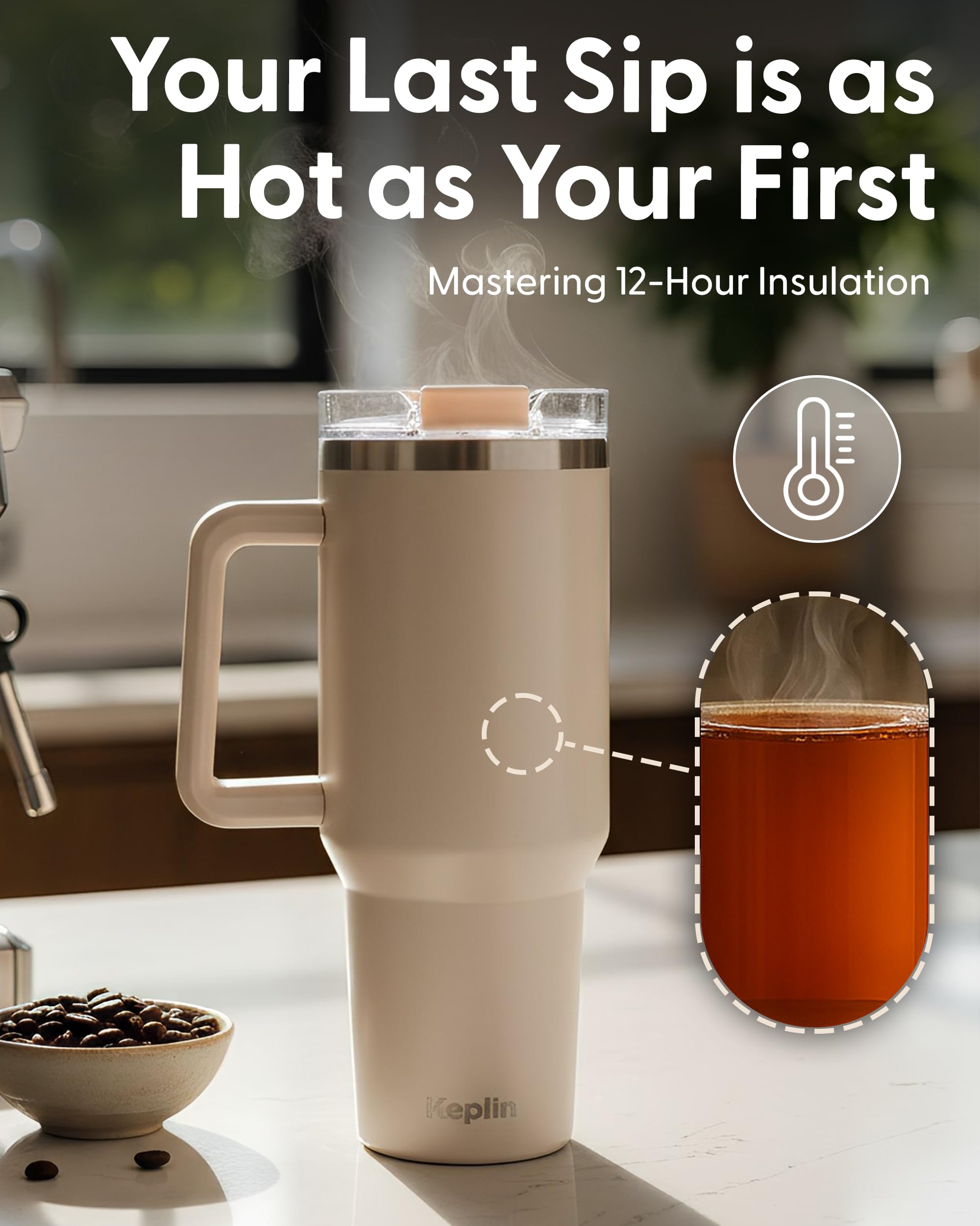 KEPLIN 40 oz / 1200 ml Insulated Travel Tumbler – Double Wall Stainless Steel | Cream White 7