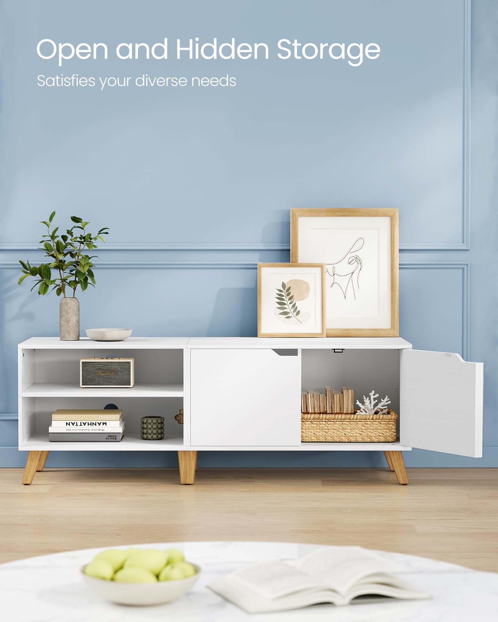 VASAGLE TV Stand - 140 cm Long, White, with 2 Doors & Adjustable Shelves | Engineered Wood 4