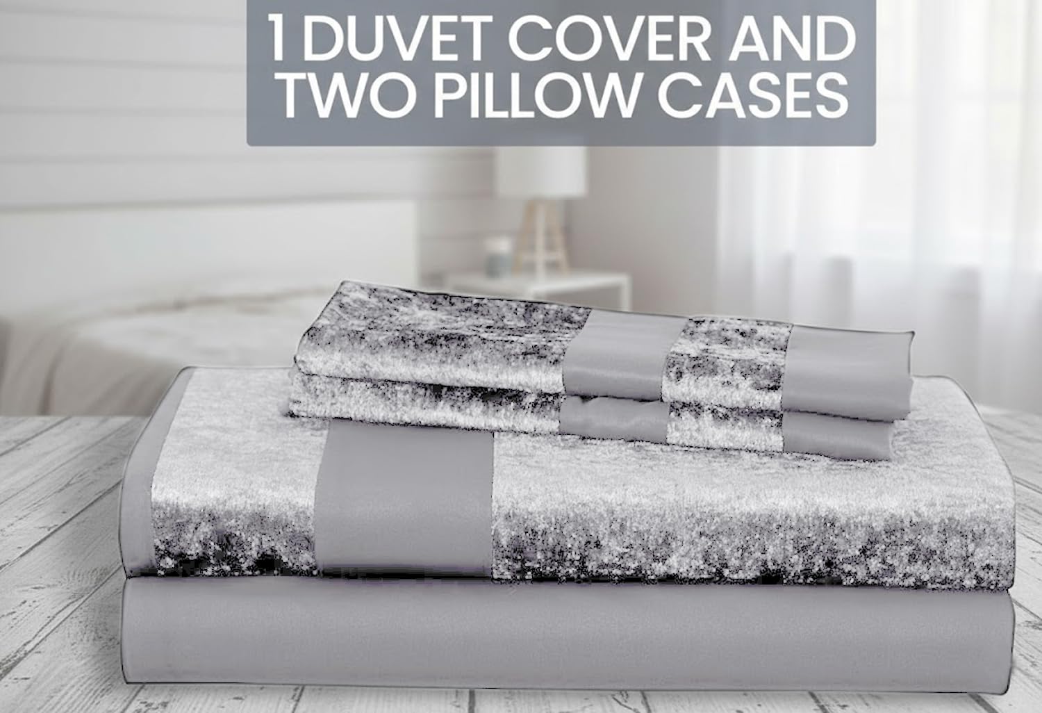 Casabella Luxury Crushed Velvet Panel Band Duvet Cover Set | King Size | Silver 4