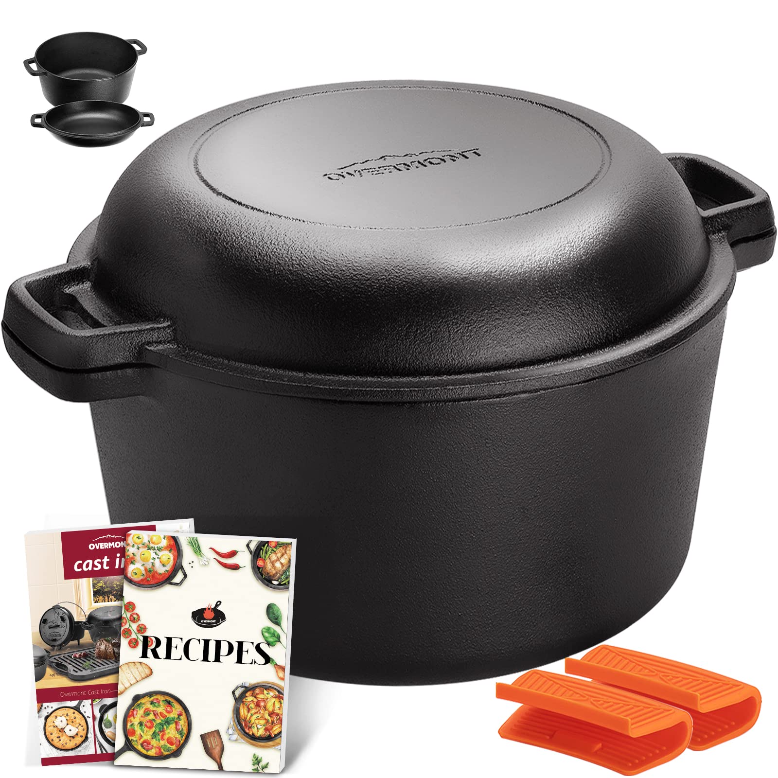OVERMONT 5 QT Cast Iron Double Dutch Oven with Skillet Lid | Pre-Seasoned | Includes Handle Covers 8