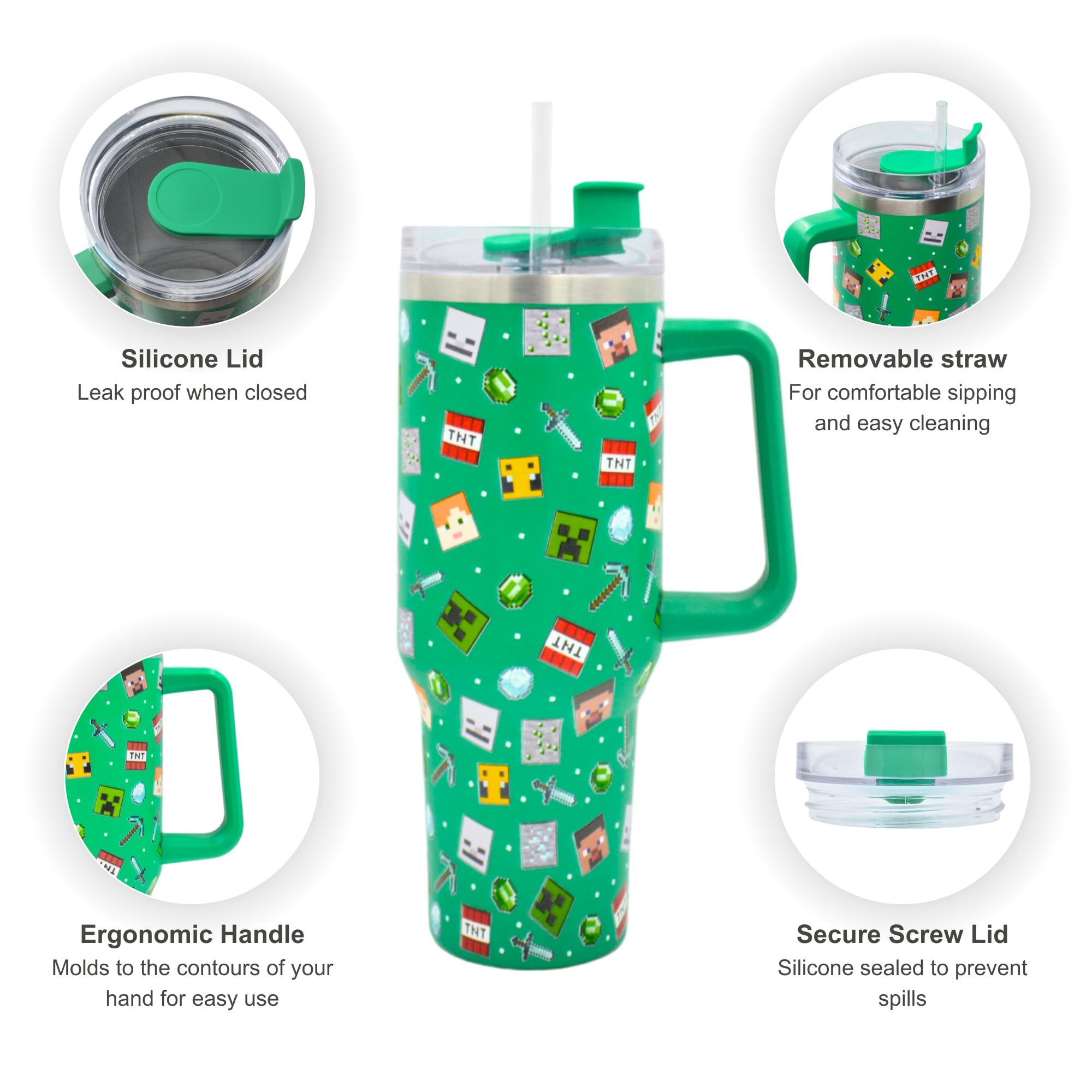 HOX Minecraft 1.2L Insulated Tumbler Mug - Cold 17Hrs Hot 5Hrs | Leak Proof Travel Mug with Straw & Lid 6