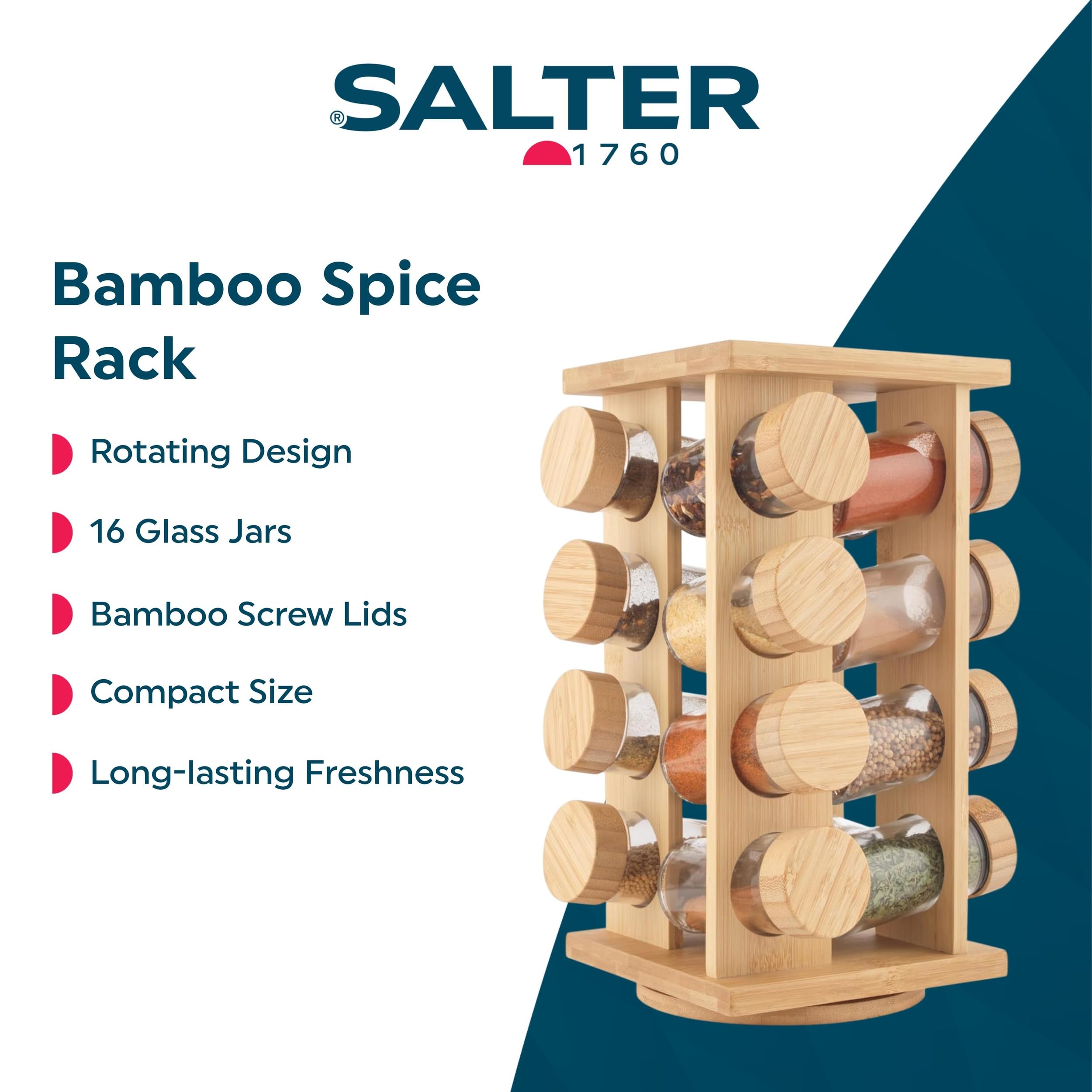 Salter Rotating Bamboo Spice Rack - 16 Jars Included | Countertop Storage | Bamboo Material 2
