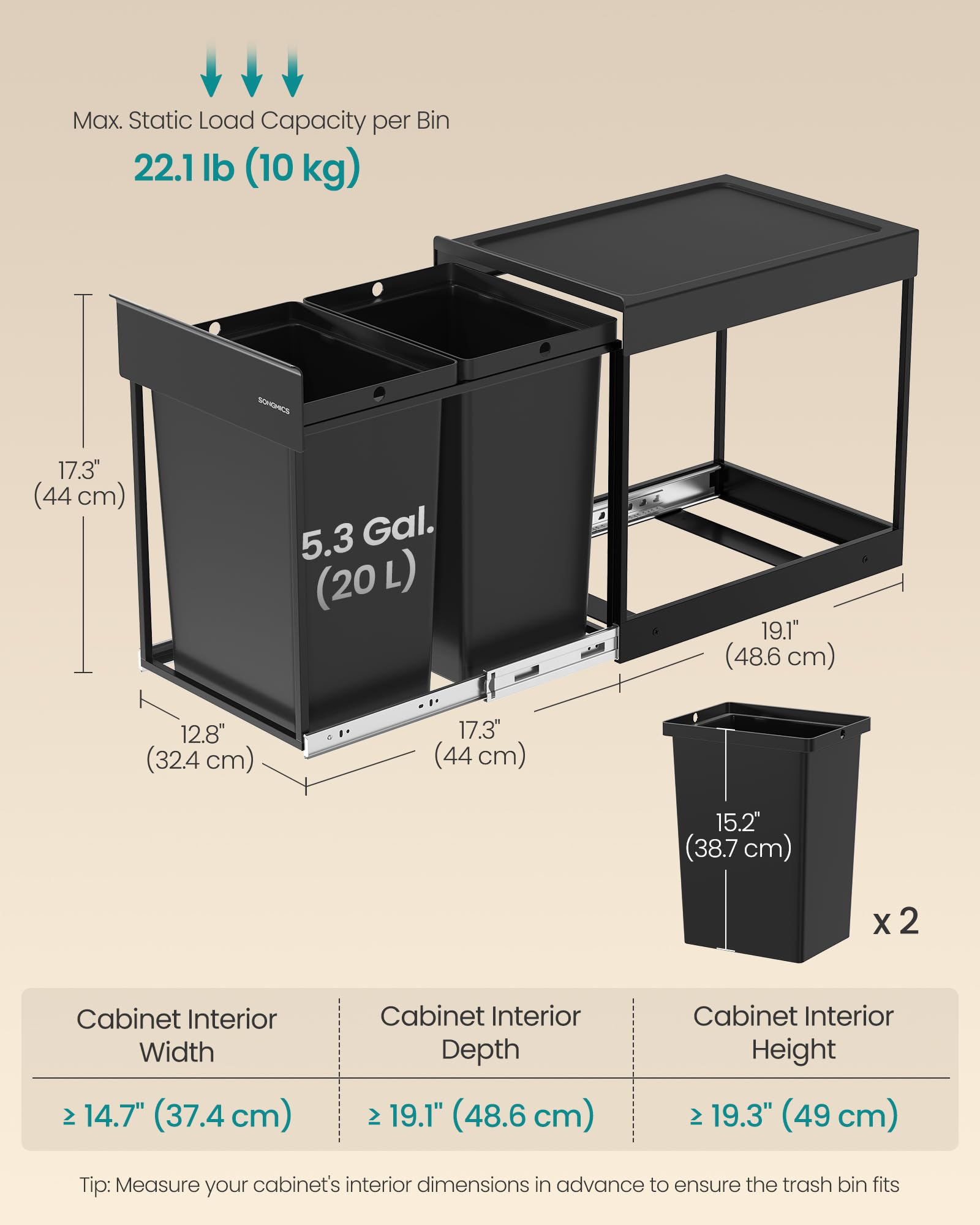 SONGMICS Built-in Kitchen Waste Separation System - 2 Compartments, 20L Total Capacity | Steel Frame 4