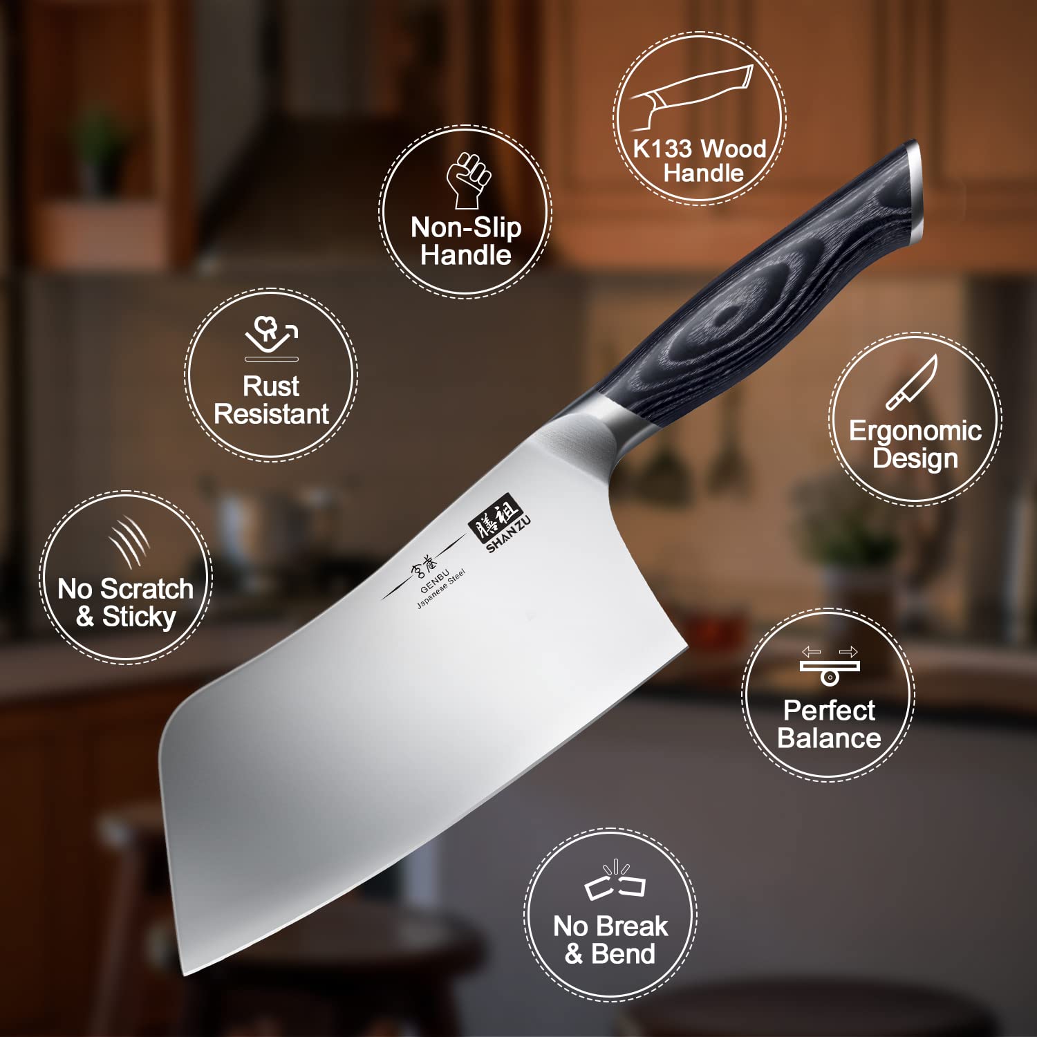 SHAN ZU 7 Inch Utility Knife - High Carbon Japanese Steel Cleaver with K133 Wooden Handle 3