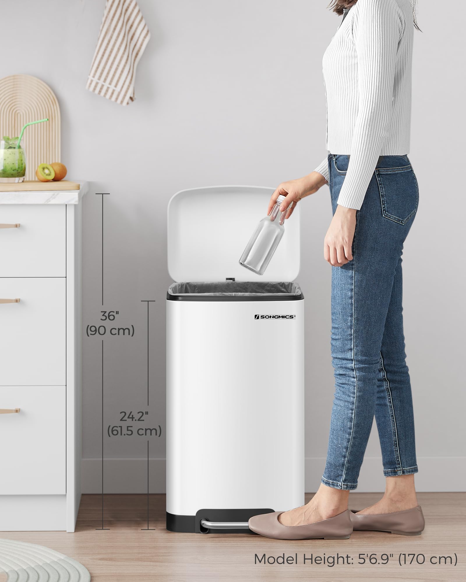 SONGMICS Kitchen Bin - 30L Capacity | Steel Pedal Bin with Soft Close Lid | White 7