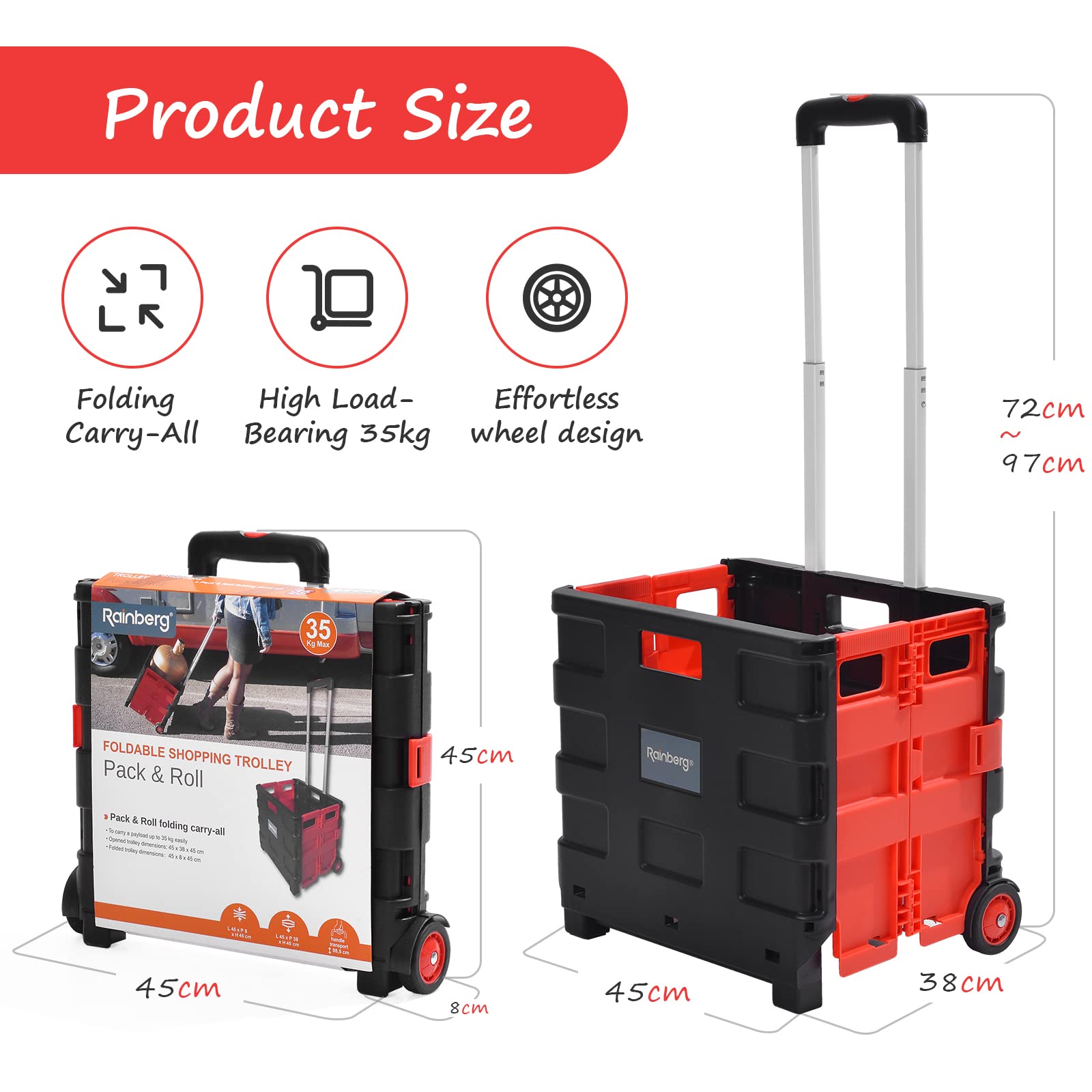 Rainberg Heavy Duty Folding Trolley Box Cart - 35kg Capacity | Black & Red | Folds Flat 2