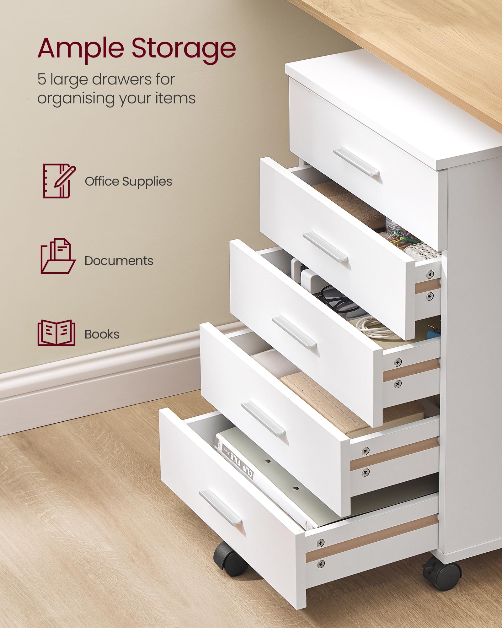 VASAGLE Rolling File Cabinet with 5 Drawers | Lockable Wheels | White Plastic Engineered Wood 4