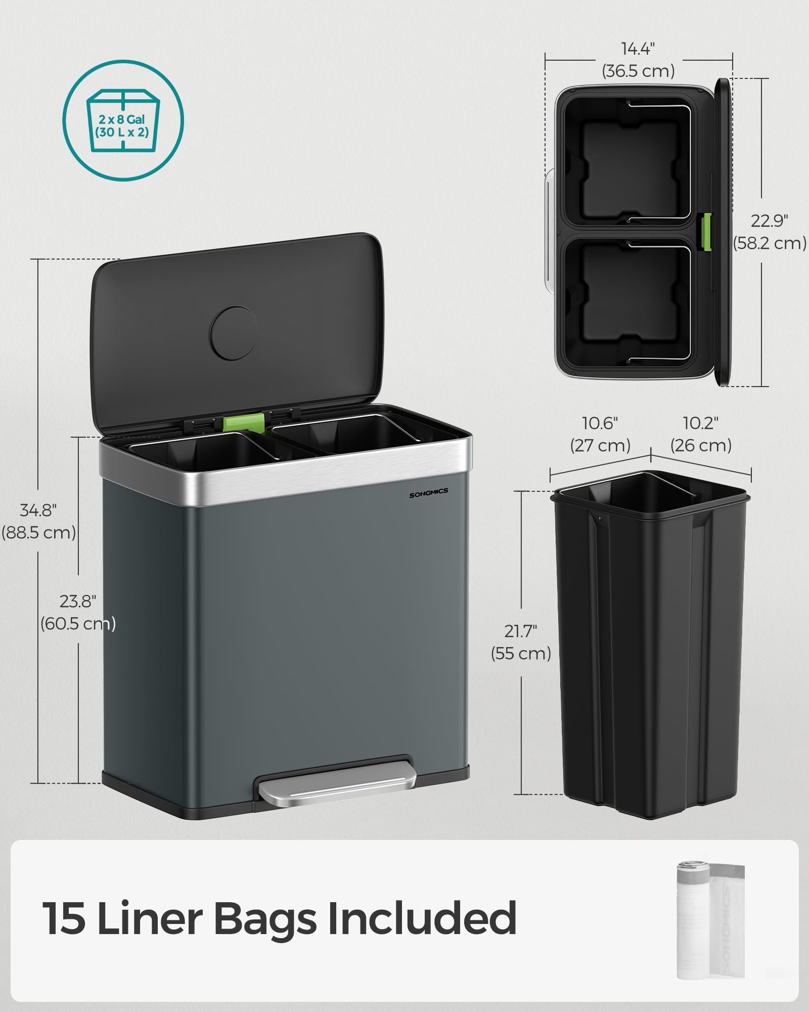 SONGMICS Kitchen Pedal Bin - 2 x 30L Dual Compartment Waste Separation System | Stainless Steel | Greenish Grey 7