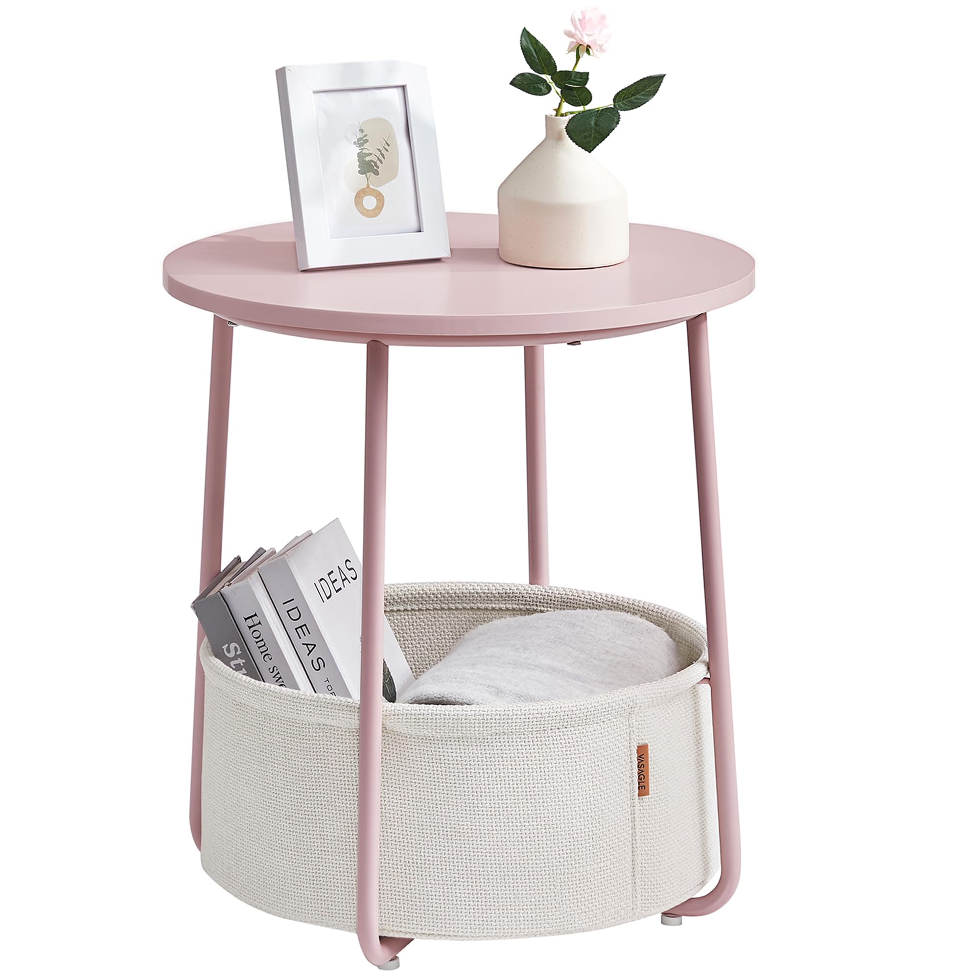 VASAGLE Round End Table with Fabric Basket - Pastel Pink & Cloud White | 45 x 50 cm 1