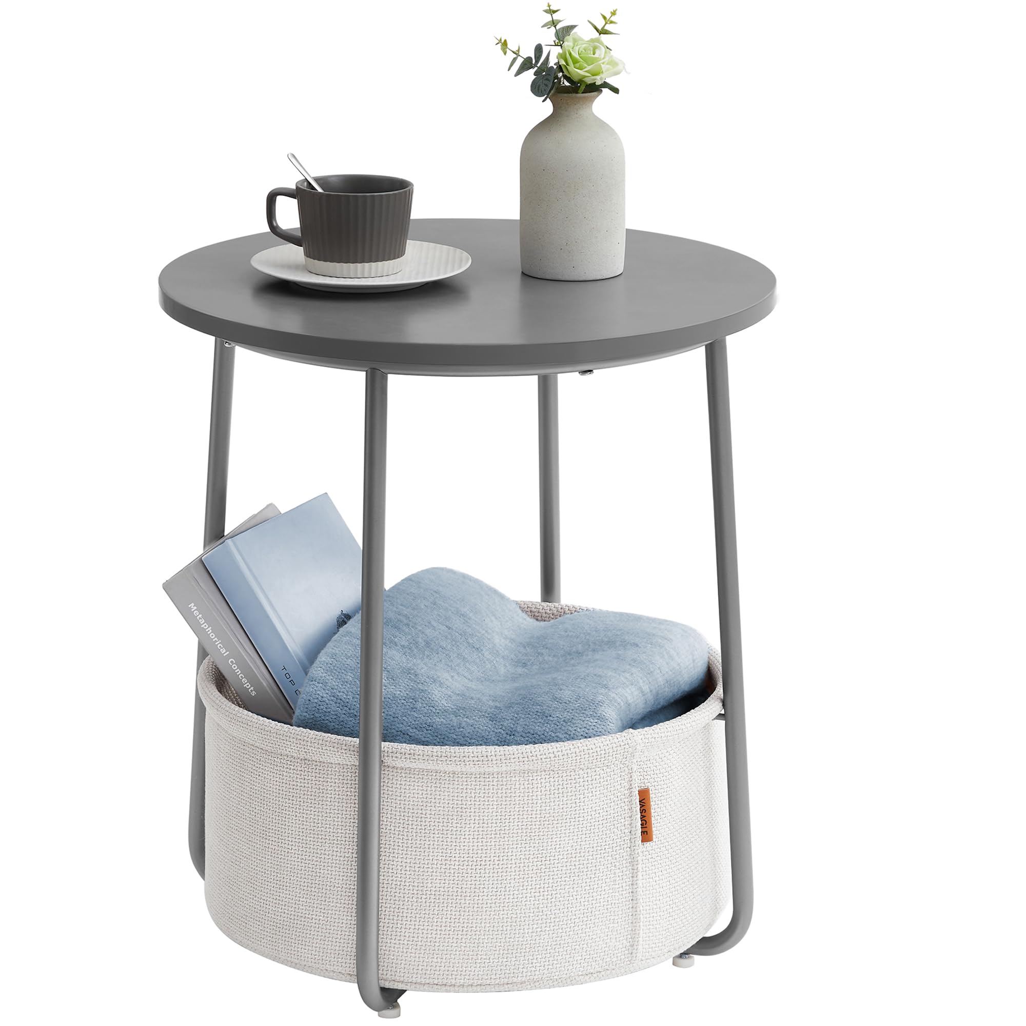 VASAGLE Round End Table with Fabric Basket - Cement Grey/Cloud White | 45 x 50 cm | Space Saving 1