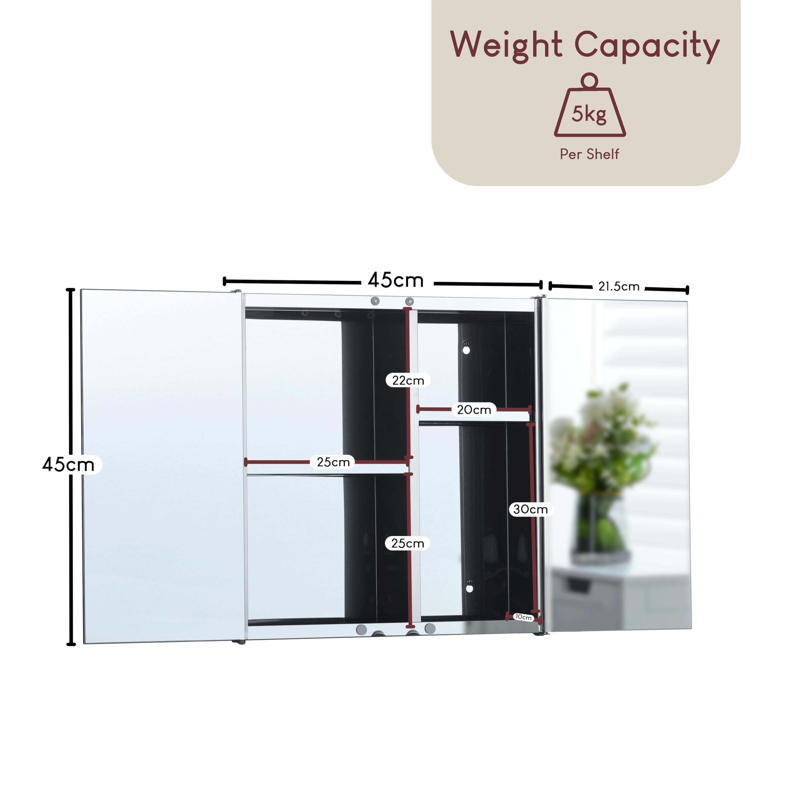 Bath Vida Tiano Double-Mirror Wall Cabinet - Stainless Steel & Glass | W 45 x D 9 cm | Max Load 15 kg