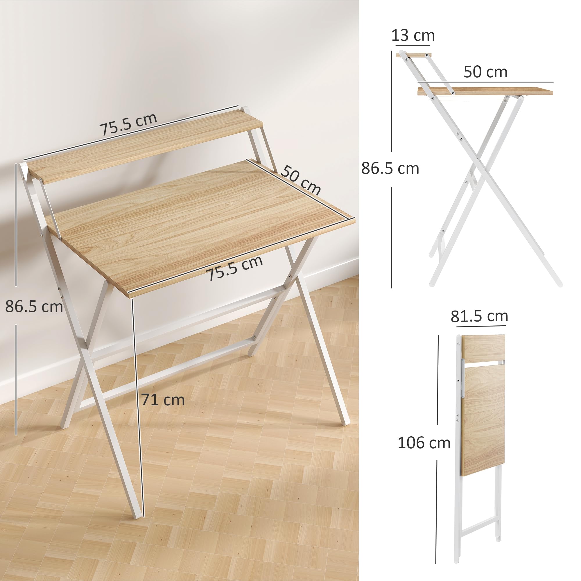 HOMCOM Folding Desk with Monitor Shelf - 81.5 cm Wide, Compact, Foldable | Natural Wood Finish 3