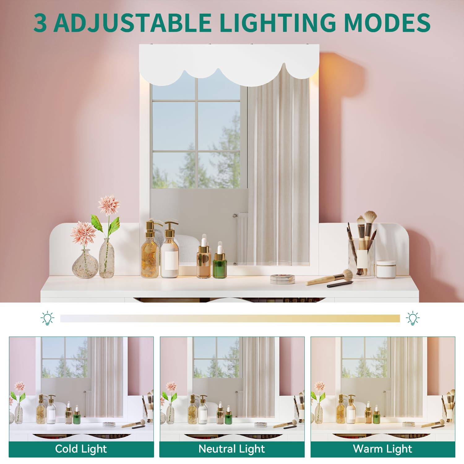 YITAHOME Cloud-Shaped Dressing Table with 3-Color LED Mirror & Stool | White Engineered Wood 3