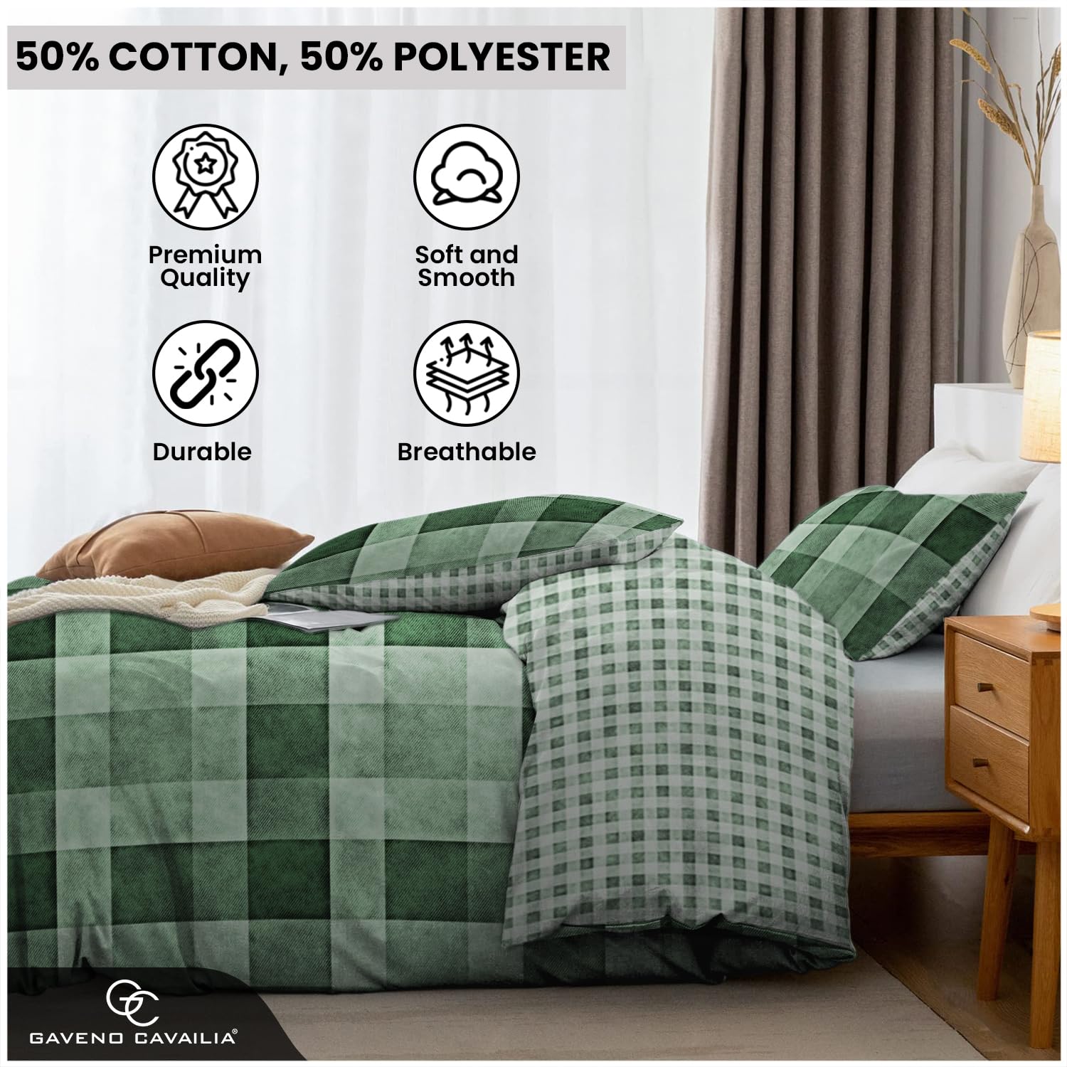 GC GAVENO CAVAILIA Checked Duvet Cover Set - Double Size, Green, Polyester-Cotton Blend 3