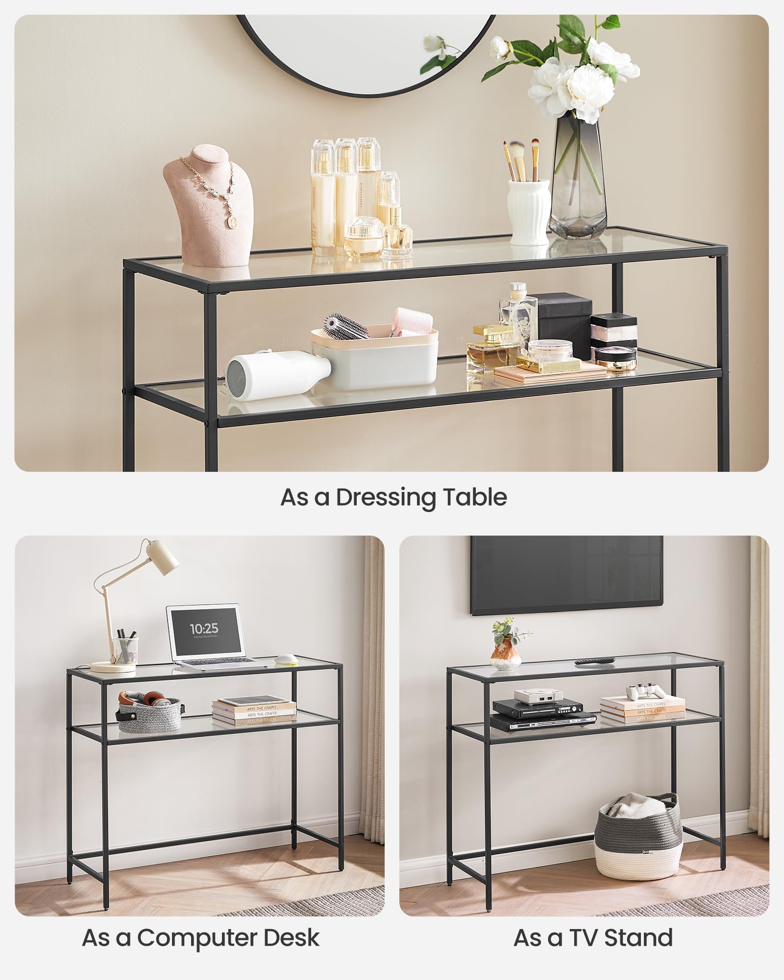 VASAGLE Console Table - Tempered Glass Top | Black Steel Frame | 100 x 35 x 80 cm 8