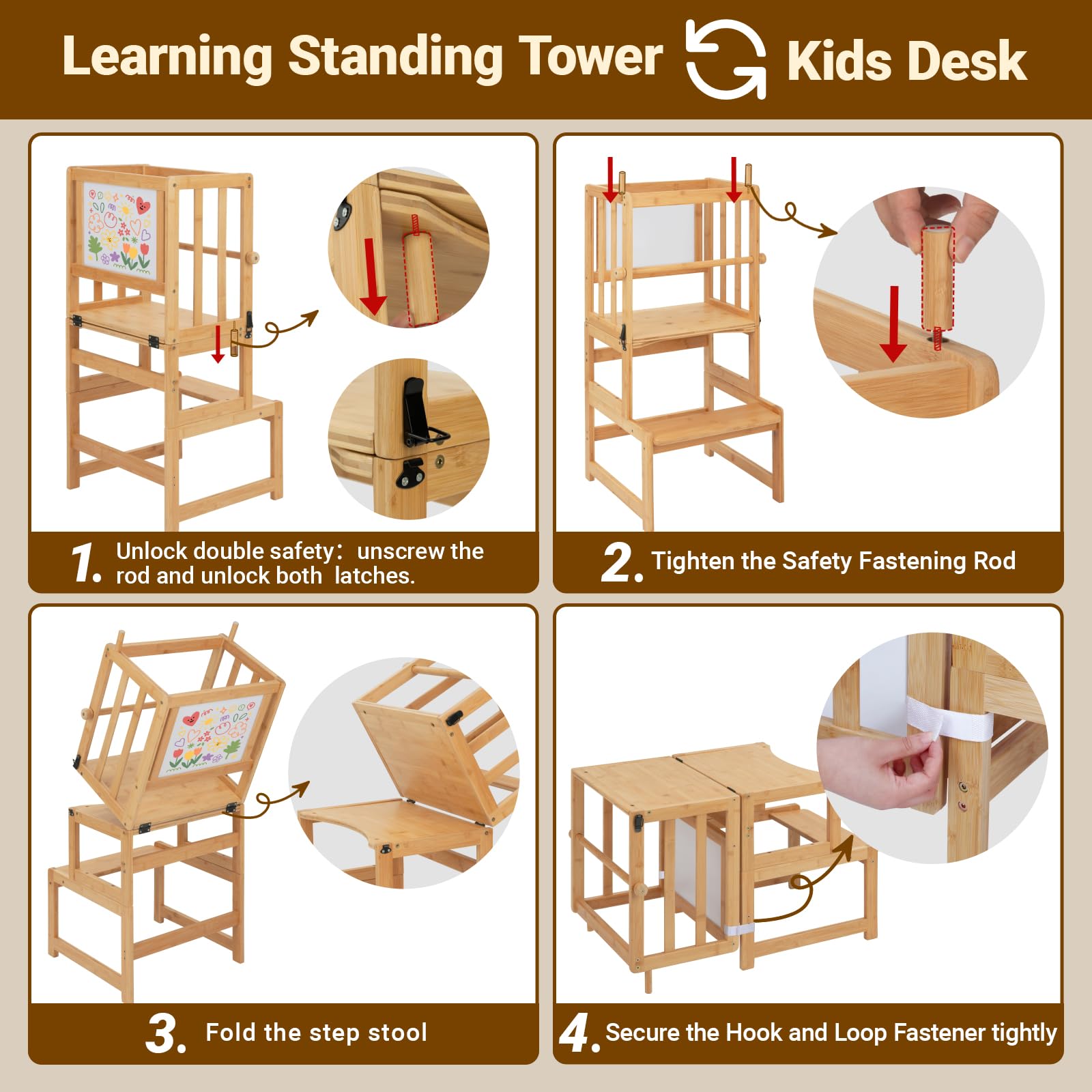 COSYLAND 3-in-1 Toddler Kitchen Stool Helper - Convertible Standing Tower | Bamboo | Supports 150 lbs 4