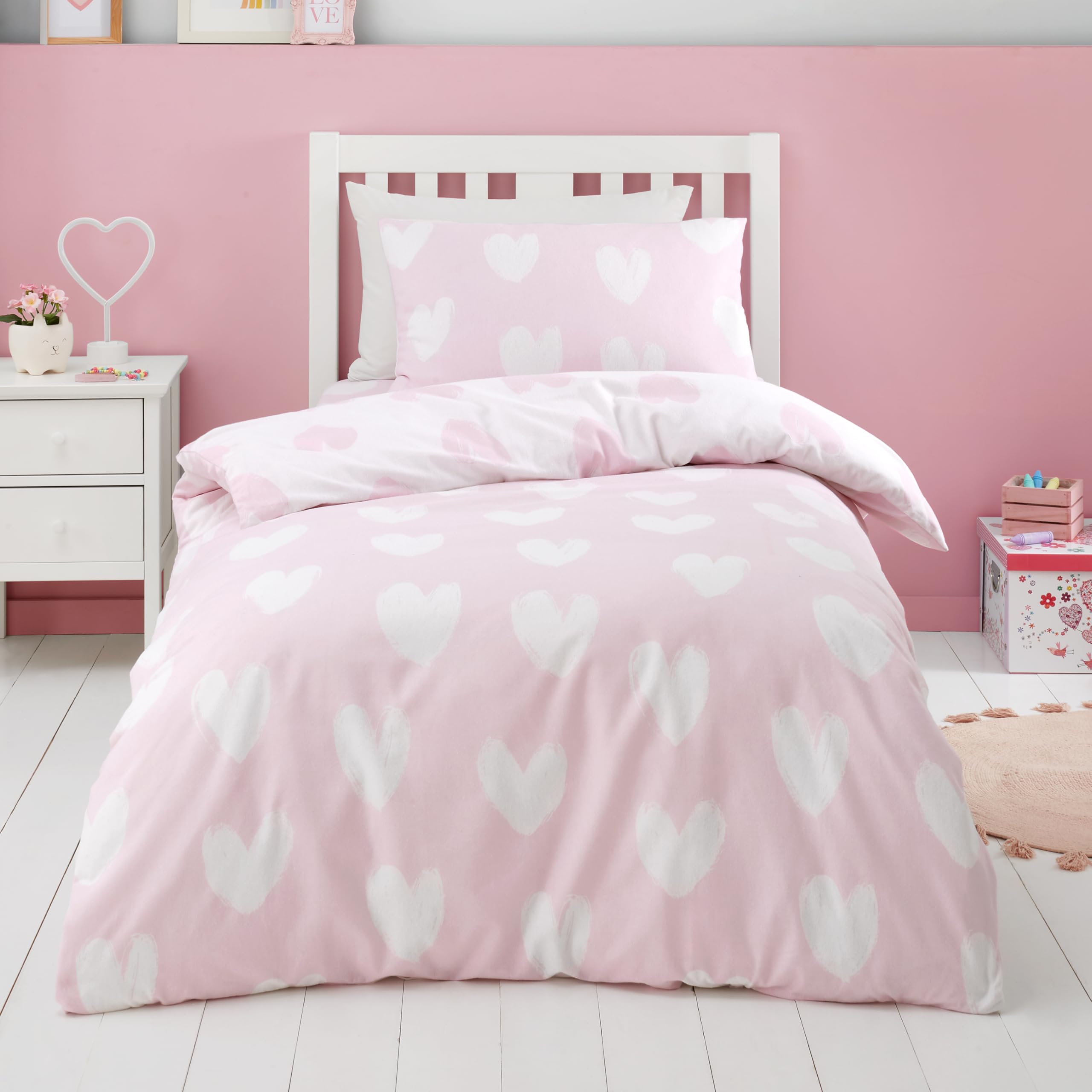 Catherine Lansfield Brushed Cotton Hearts Reversible Junior Duvet Cover Set | Pink | 100% Cotton