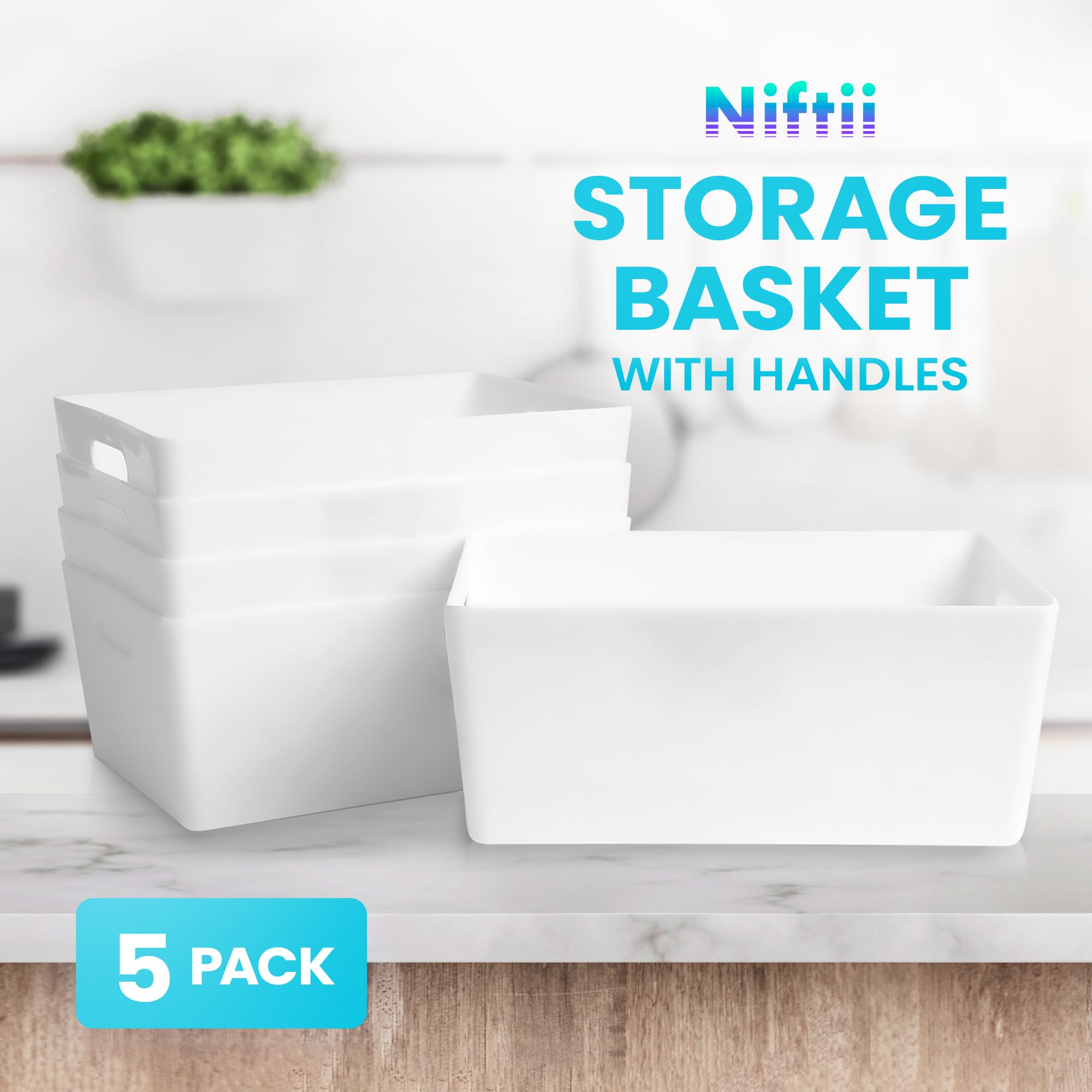 Niftii Plastic Shelf Baskets - 5 Pack Storage Bins with Handles | 3.9L Capacity | White 3