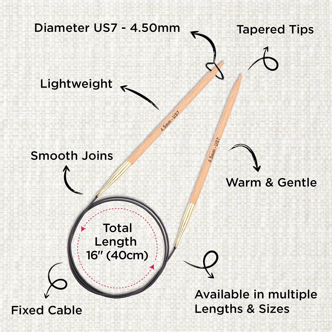 KnitPro Basix Beech Fixed Circular Needles - 4.50mm | 40cm Length | Lightweight Beech Wood 3