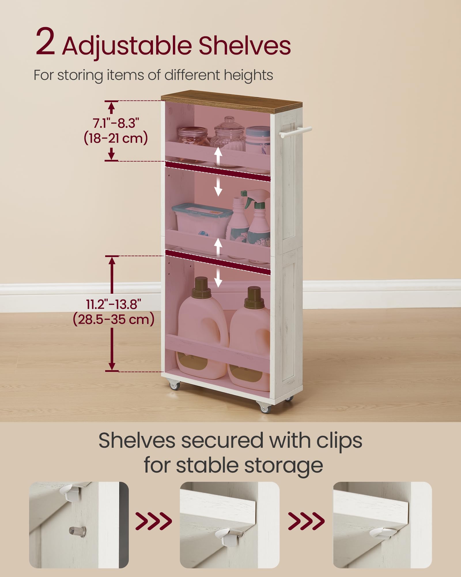 VASAGLE 4-Tier Slim Storage Trolley with Wheels | Rustic White + Honey Brown | 15 cm Wide 4