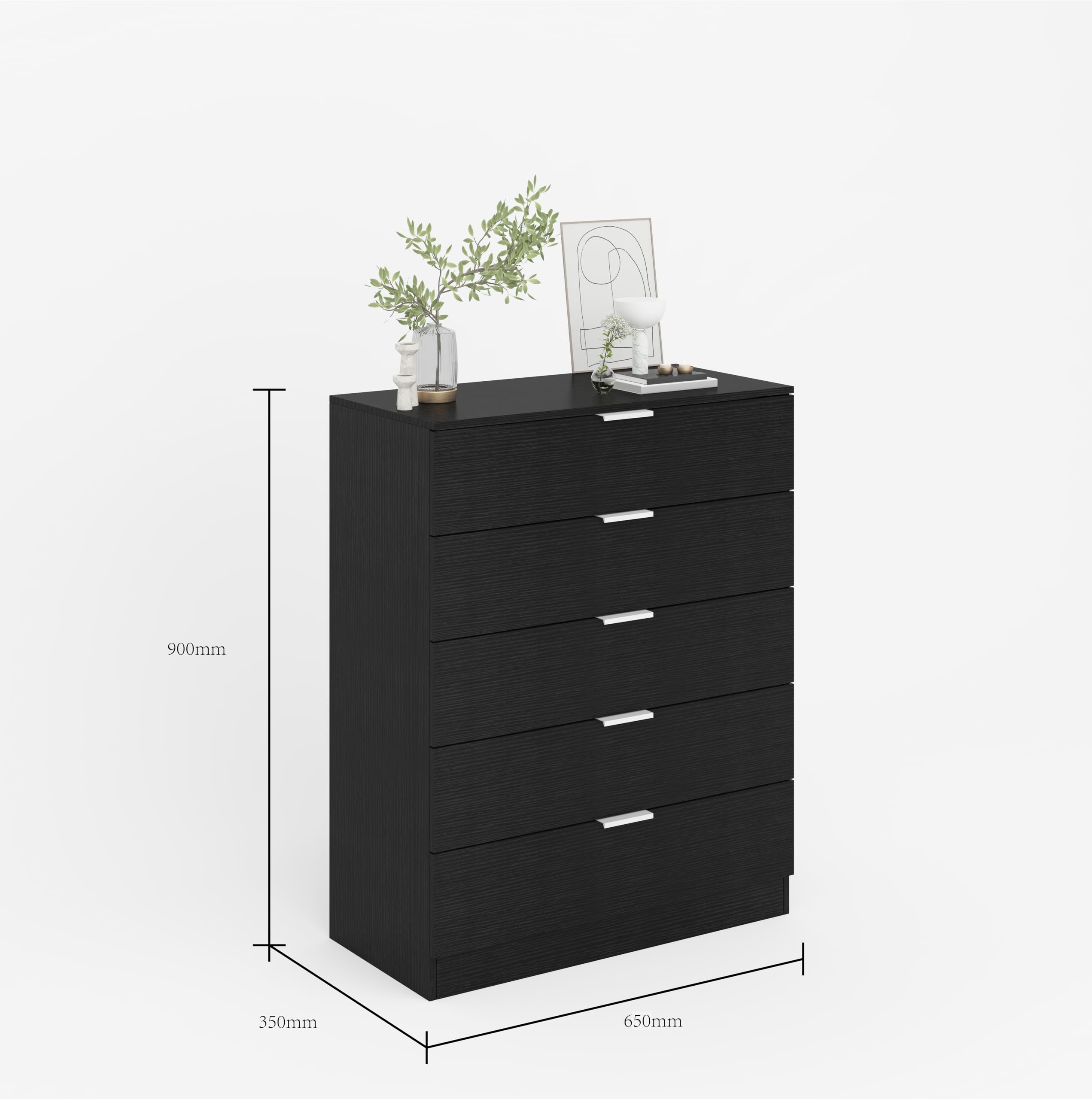 Home Source Phoenix Tall 5 Drawer Chest of Drawers - Black | 90H x 63W x 35D cm 3