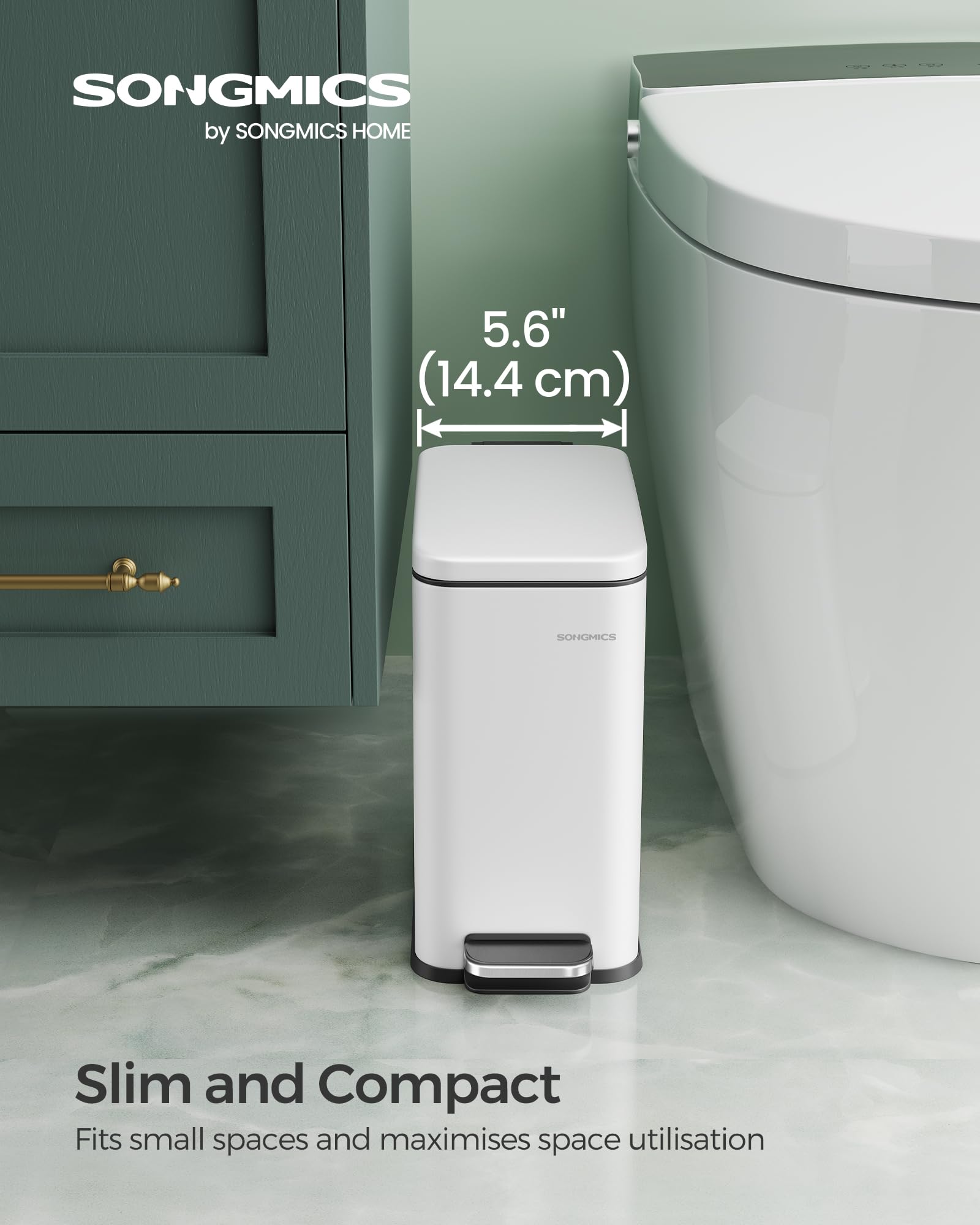 SONGMICS Slim Pedal Bathroom Bin with Lid - 5L Capacity | Rust-Resistant Steel | White 2