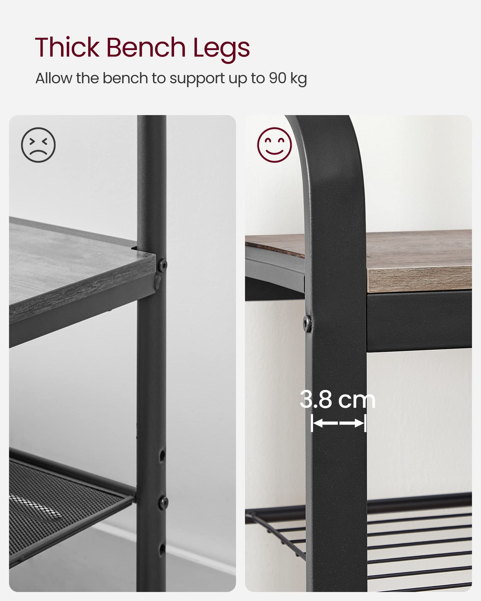 VASAGLE 4-in-1 Coat Rack with Shoe Storage Bench | 9 Removable Hooks | Greige & Black | 72 x 34 x 183 cm 6