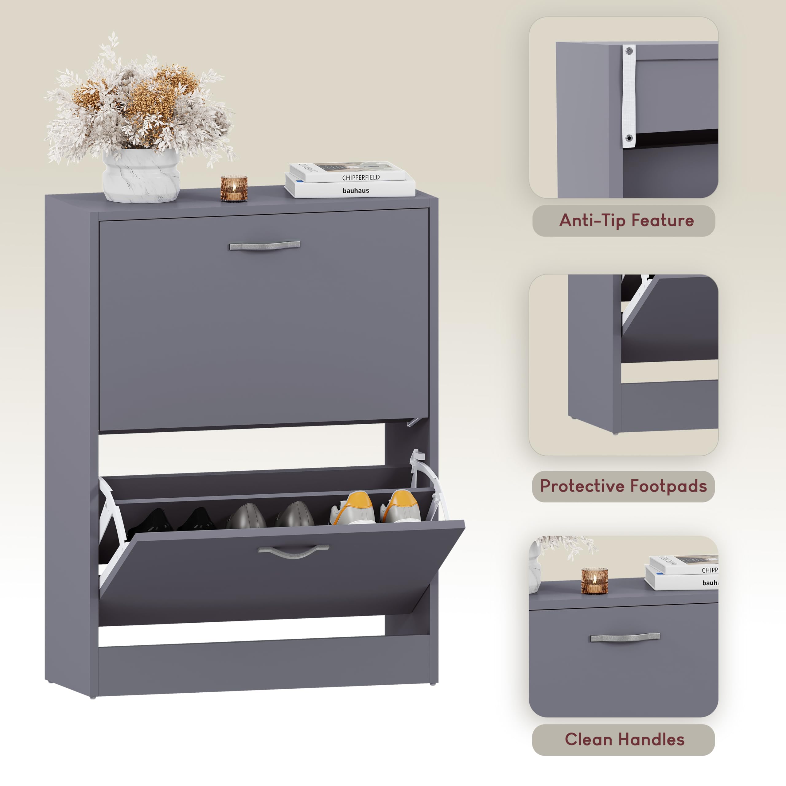 Vida Designs Wooden Shoe Cabinet with 2 Pull-Down Drawers | Slim, Freestanding Storage | Grey 6