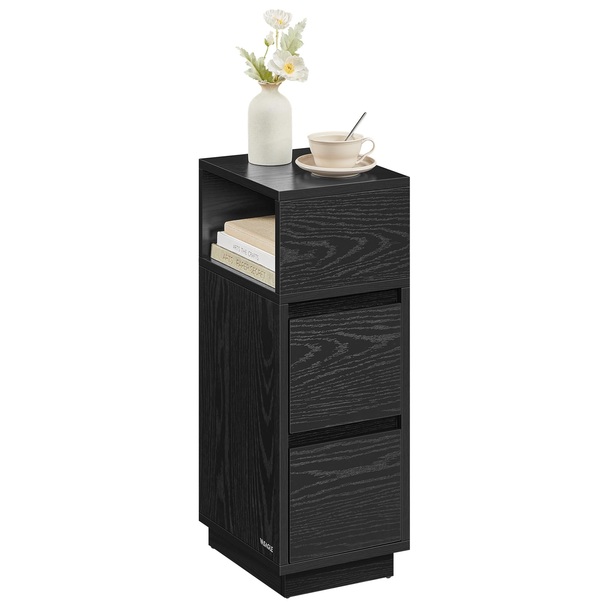 VASAGLE KAILYN Slim Bedside Table - Ebony Black | 30x25x65 cm | 2 Drawers 1
