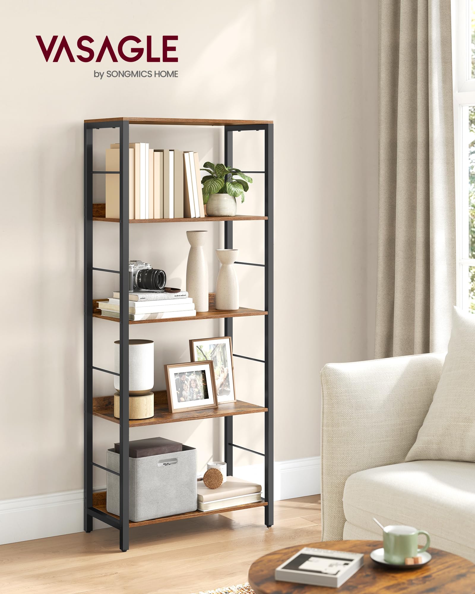 VASAGLE 5-Tier Bookcase - Rustic Brown/Ink Black | 30 x 60 x 144 cm | Supports 37 kg per Shelf 2