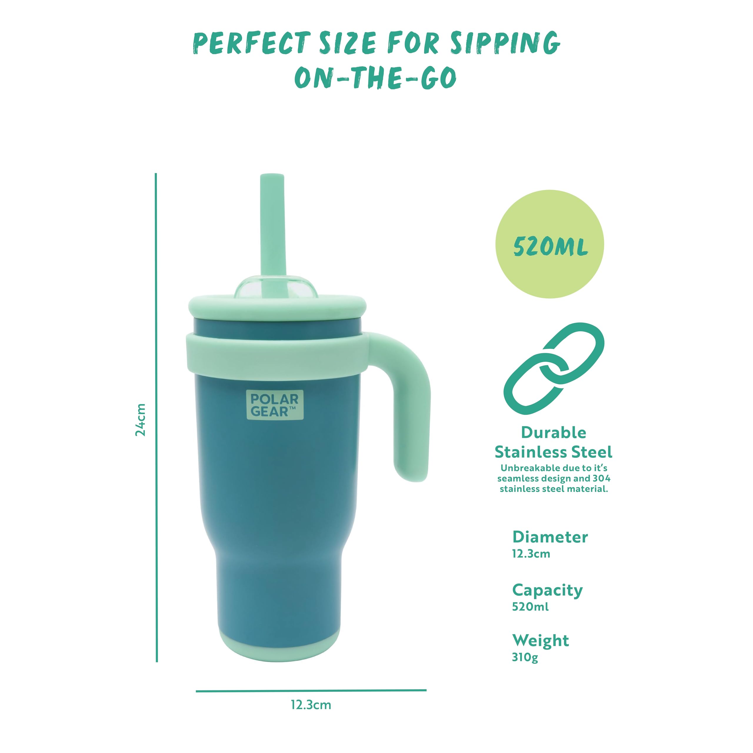 Polar Gear 520ml Kids Stainless Steel Water Bottle Tumbler with Straw | Teal 3