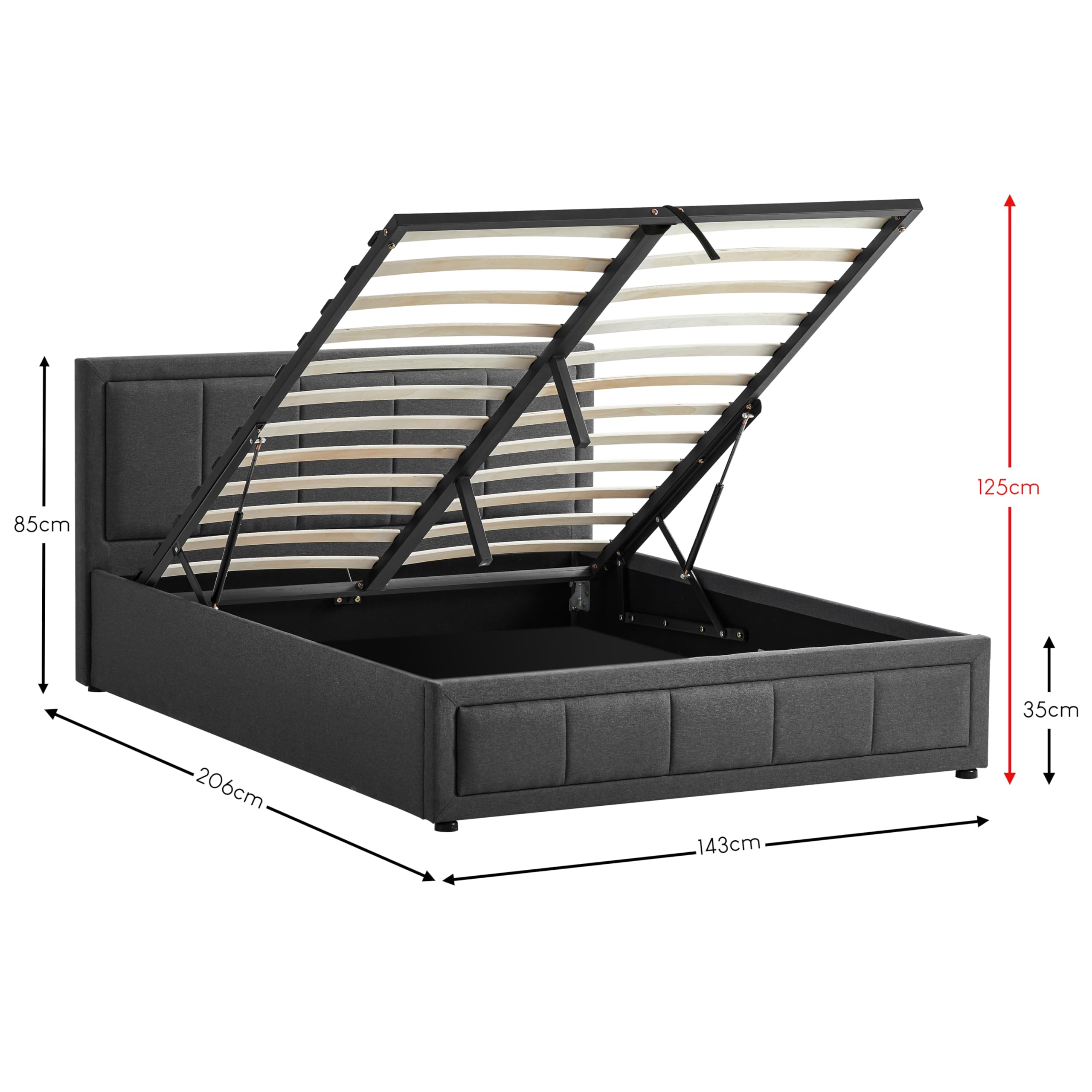 Vida Designs Vanita Double Ottoman Fabric Bed Frame - Dark Grey | Linen Upholstery | Storage 2
