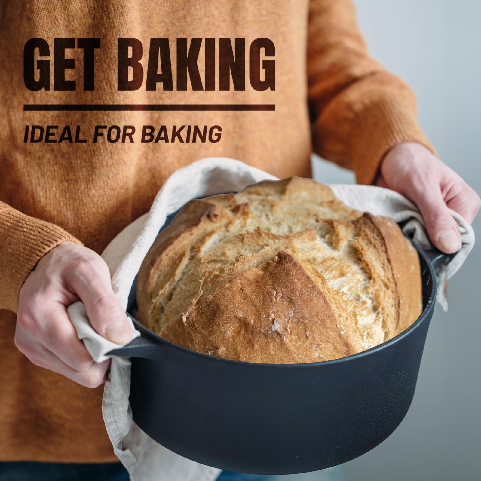 OVERMONT 5 QT Cast Iron Double Dutch Oven with Skillet Lid | Pre-Seasoned | Includes Handle Covers 2