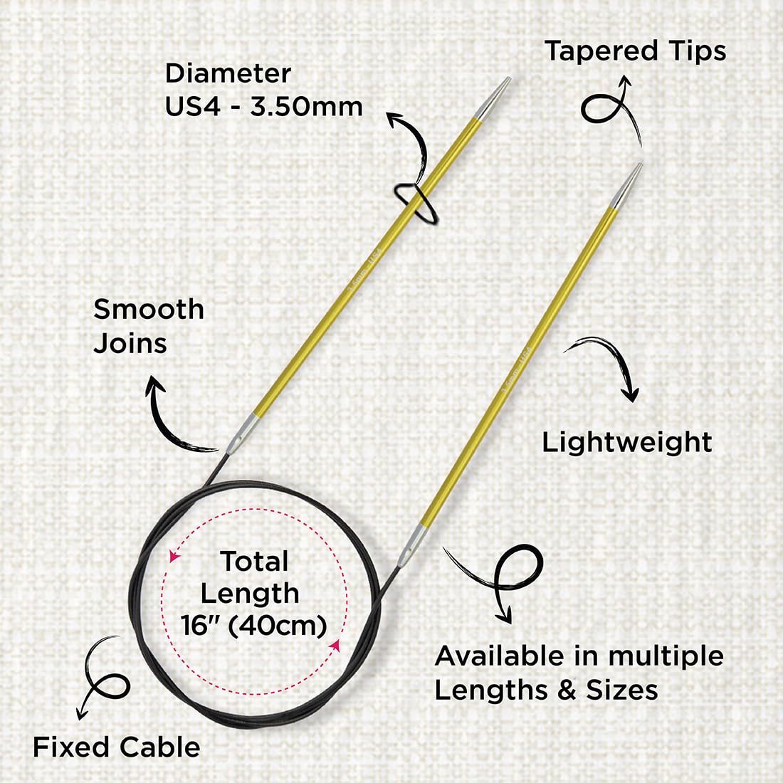 KnitPro Zing Fixed Circular Knitting Needles - 3.50mm Size, 40cm Length | Lightweight Aluminium 3