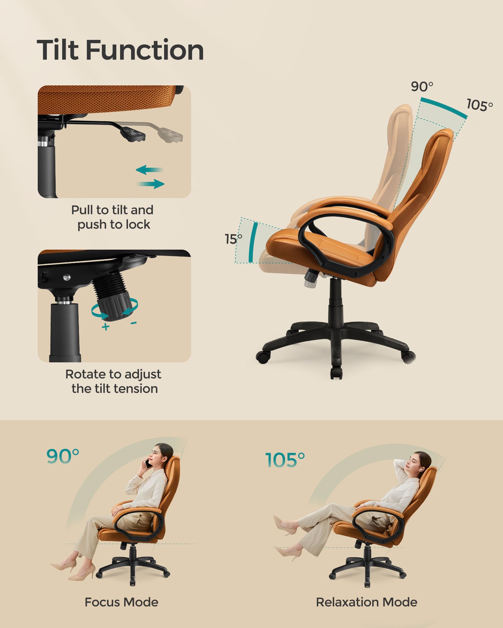 SONGMICS Ergonomic Swivel Desk Chair - Adjustable Height, Silent Castors, Caramel Brown | Max Load 150 kg 6