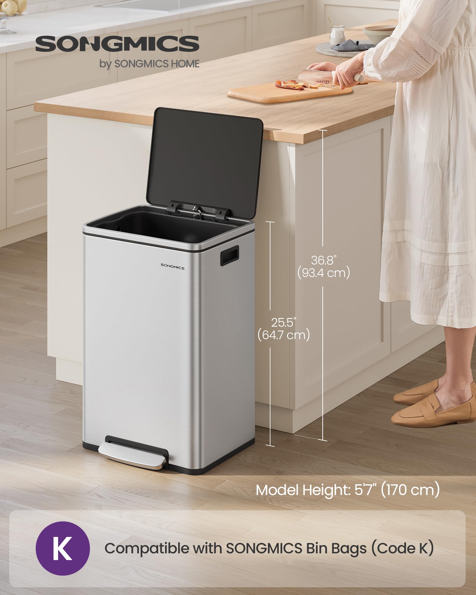 SONGMICS 50 L Stainless Steel Kitchen Bin with Foot Pedal | Rust & Fingerprint Resistant | Includes 15 Bin Bags 2