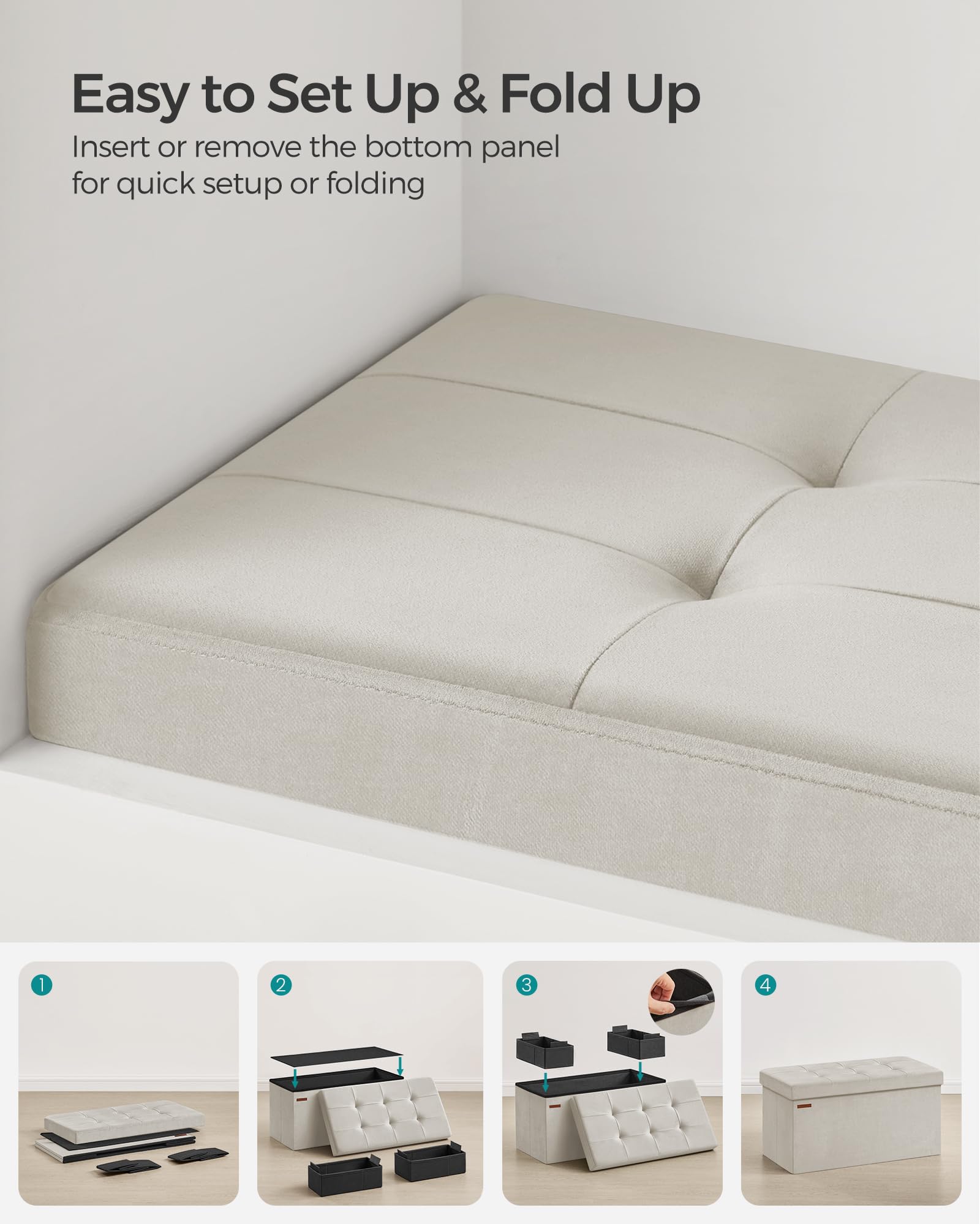 SONGMICS Storage Ottoman - Foldable Foot Rest with 89L Capacity | Cream White Velvet | 300 kg Load 8