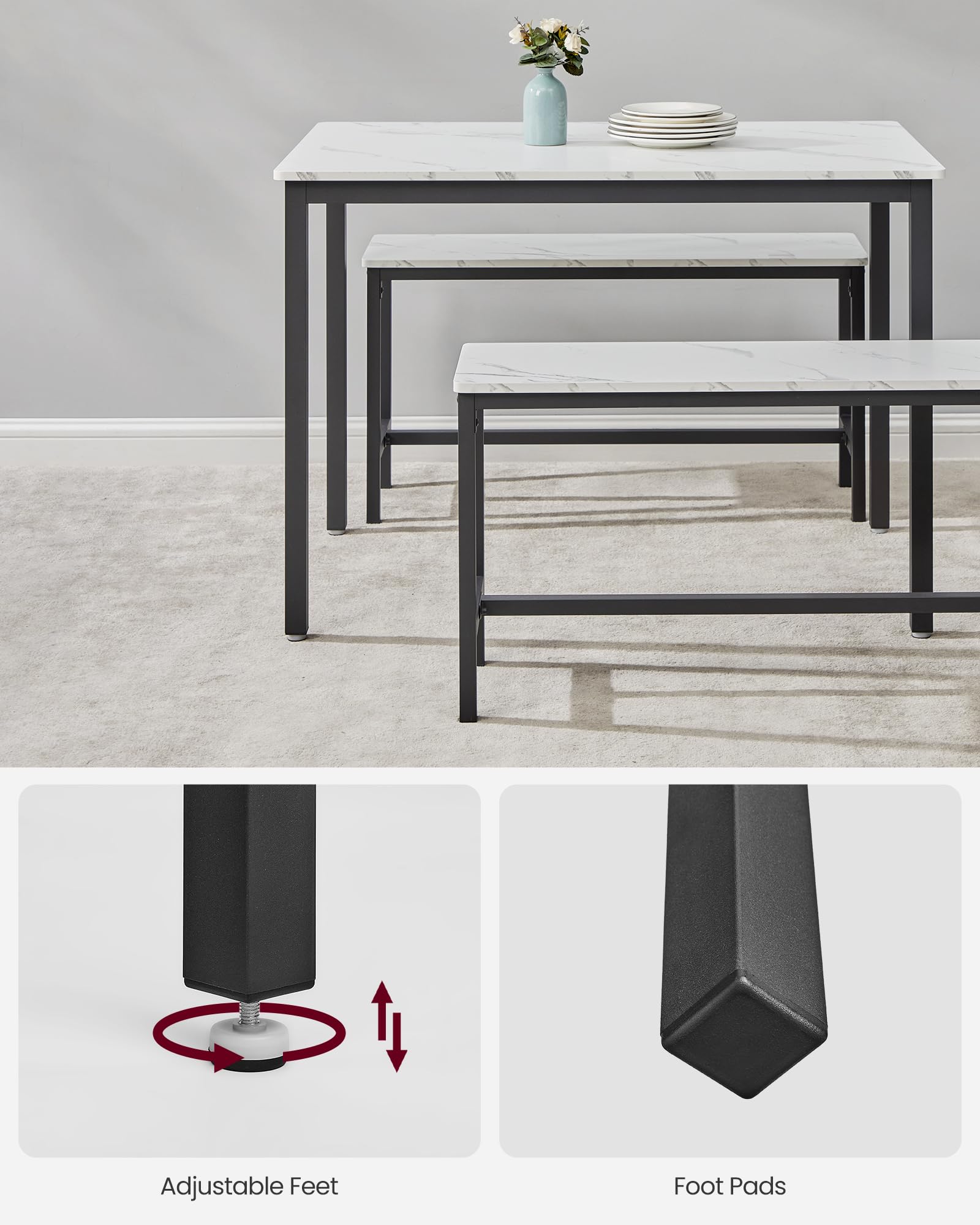 VASAGLE 3-Piece Dining Set with 2 Benches, Marble White & Ink Black | Steel Frame | 70x110cm Table 6