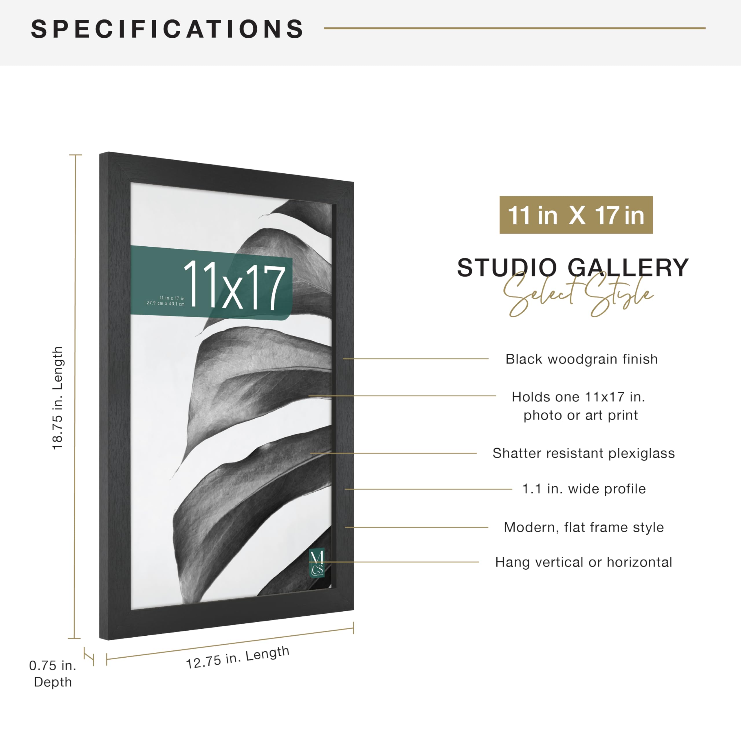 MCS Studio Gallery Frame 63713 - 11x17 Inch, Black Woodgrain Finish | Tabletop & Wall Mount 4