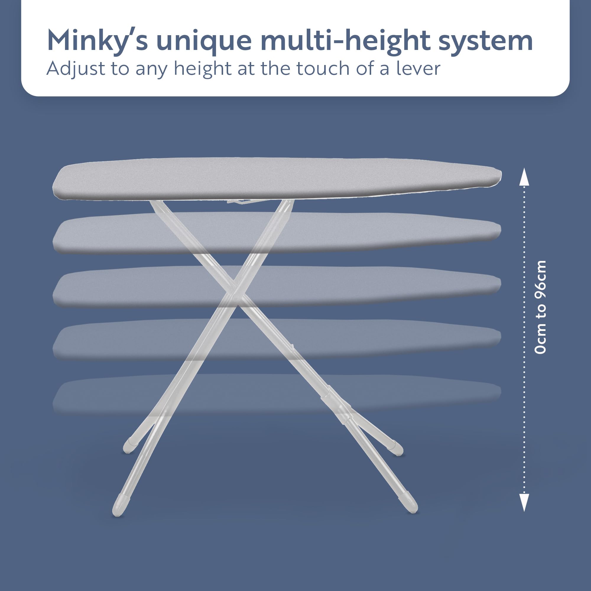 Minky Expert Ironing Board - Large 122 x 38 cm Surface | Multi-Height Adjustment up to 96cm | Stone Blue 5