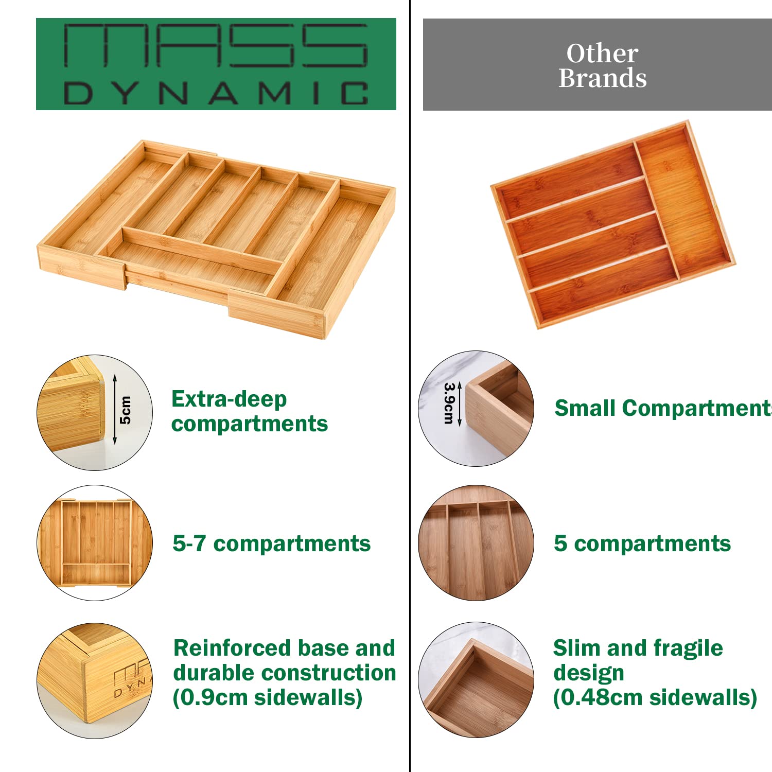 MASS DYNAMIC Expandable Bamboo Cutlery Drawer Organizer | Adjustable 5-7 Compartments | Waterproof 4