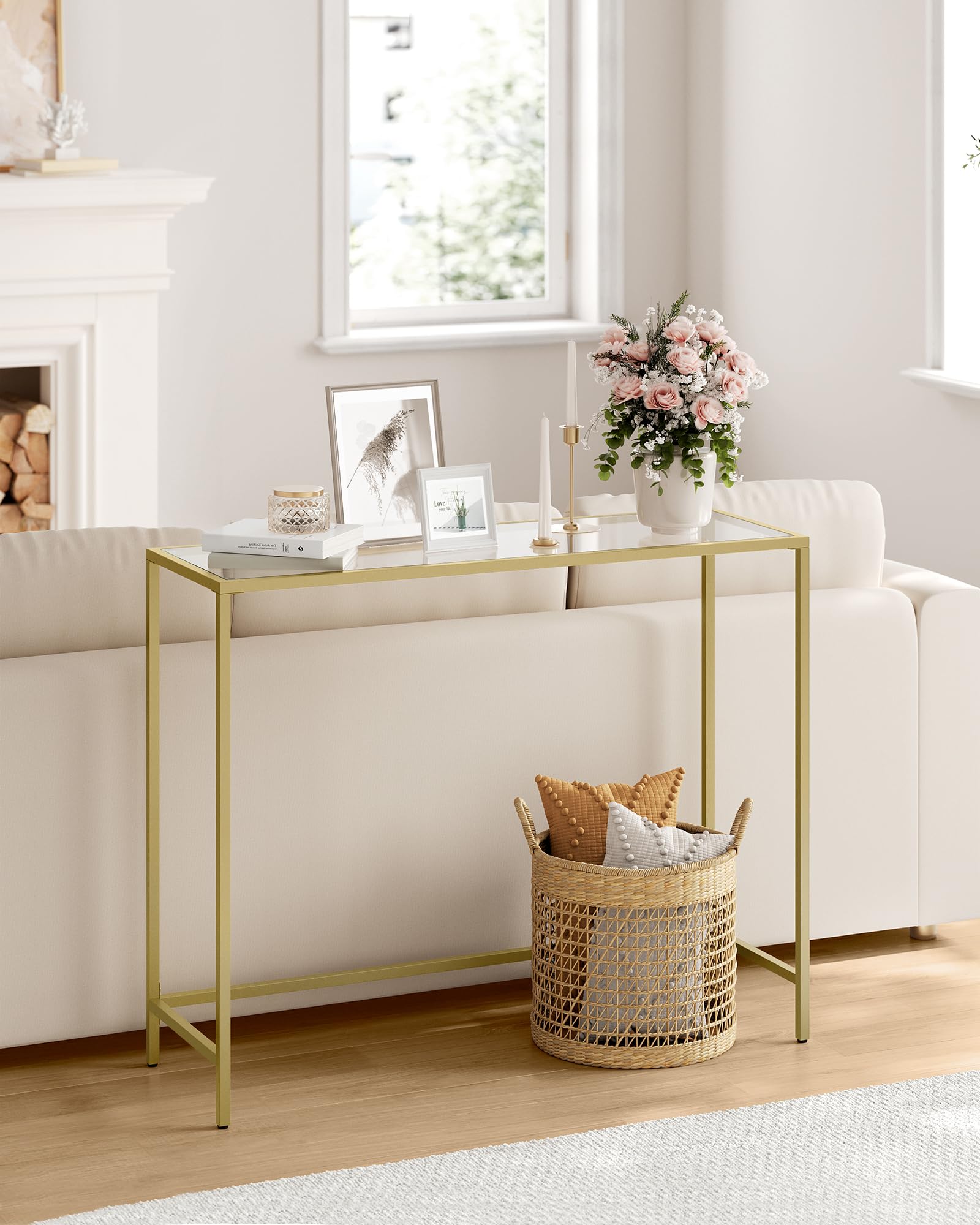 VASAGLE Console Table - Tempered Glass Top | Metal Frame | 100x35x80 cm | Gold Finish 4