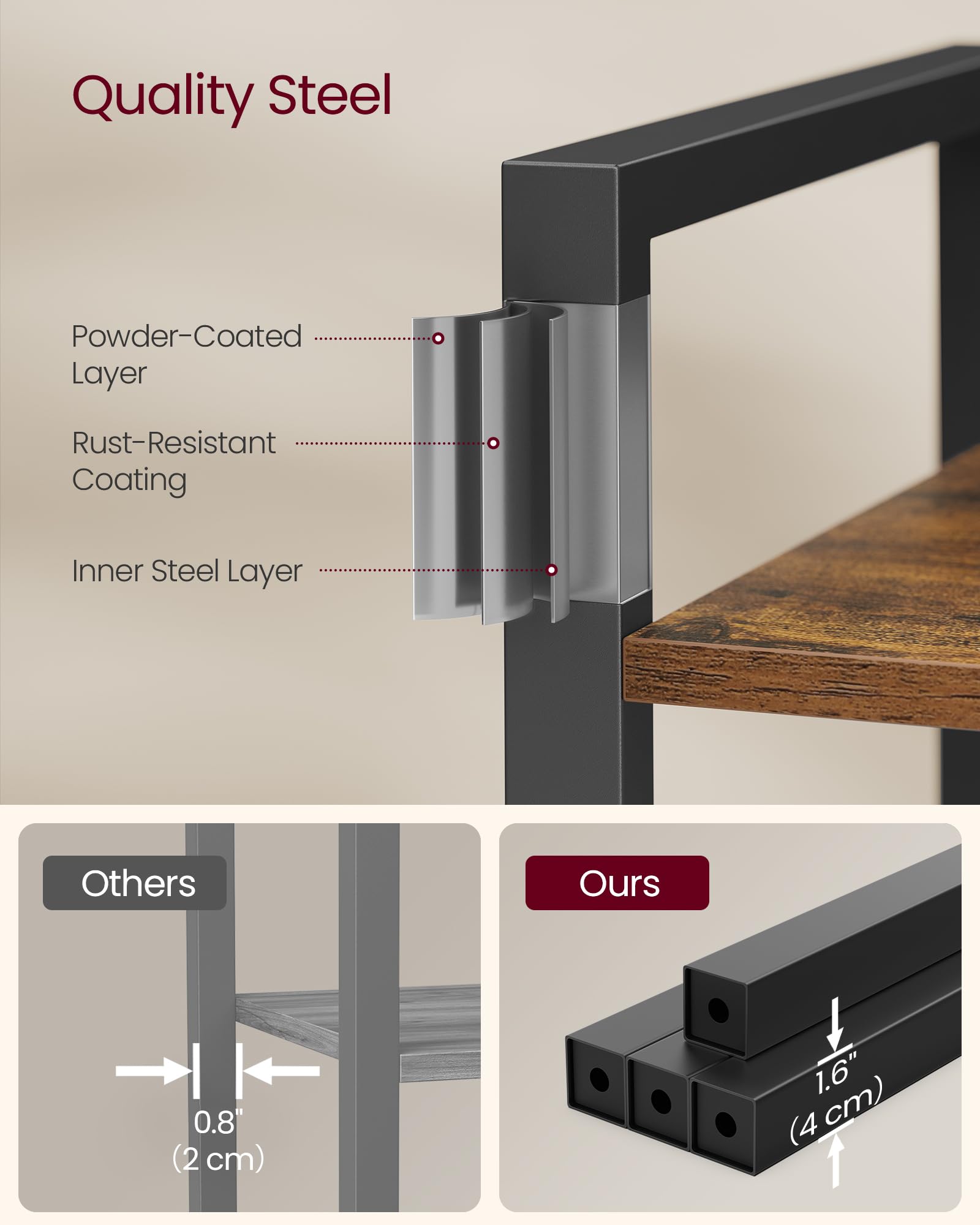 VASAGLE 4-Tier Bookshelf - Industrial Style Storage | Rustic Brown & Ink Black | 30 x 66 x 120 cm 5
