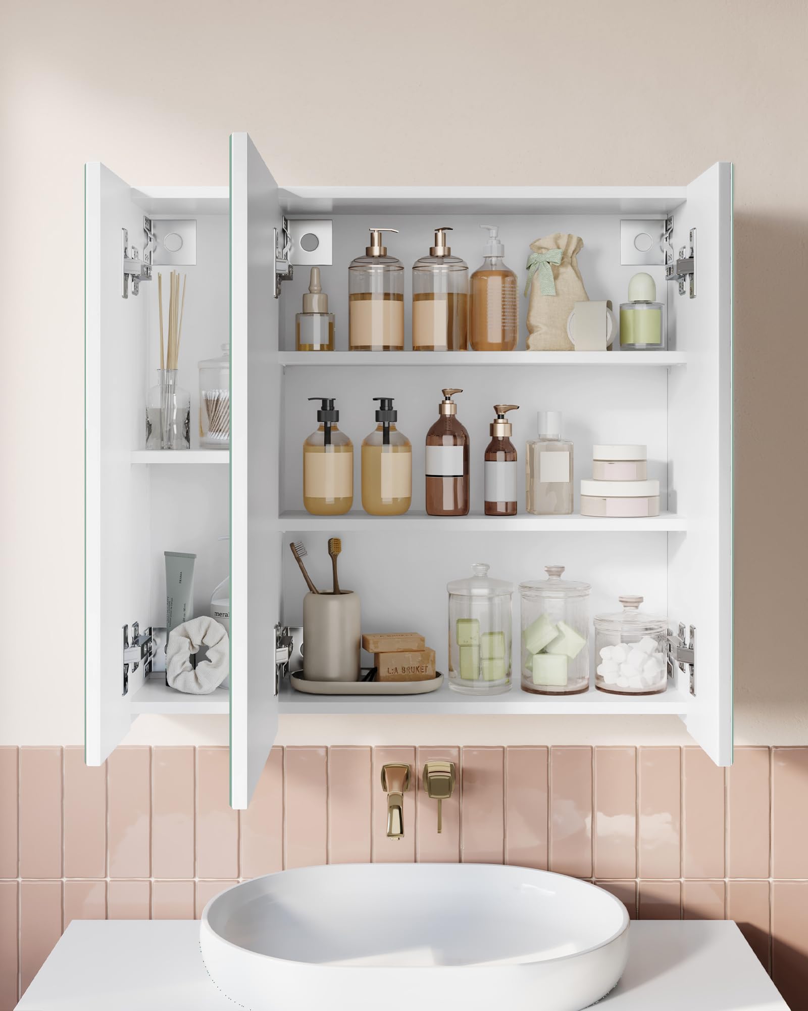 VASAGLE BBK22WT Bathroom Wall Cabinet with Mirror - 3 Door Storage Unit, White, 60W cm 4