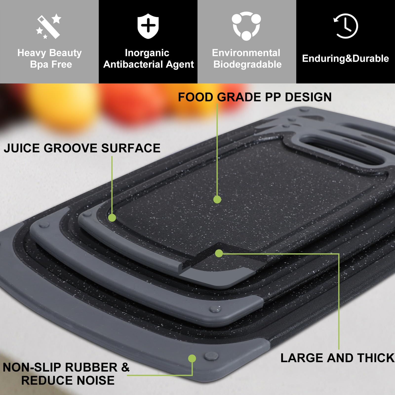 Rottogoon 3-Piece Plastic Chopping Board Set - Non-Slip Feet & Juice Groove | Black 4