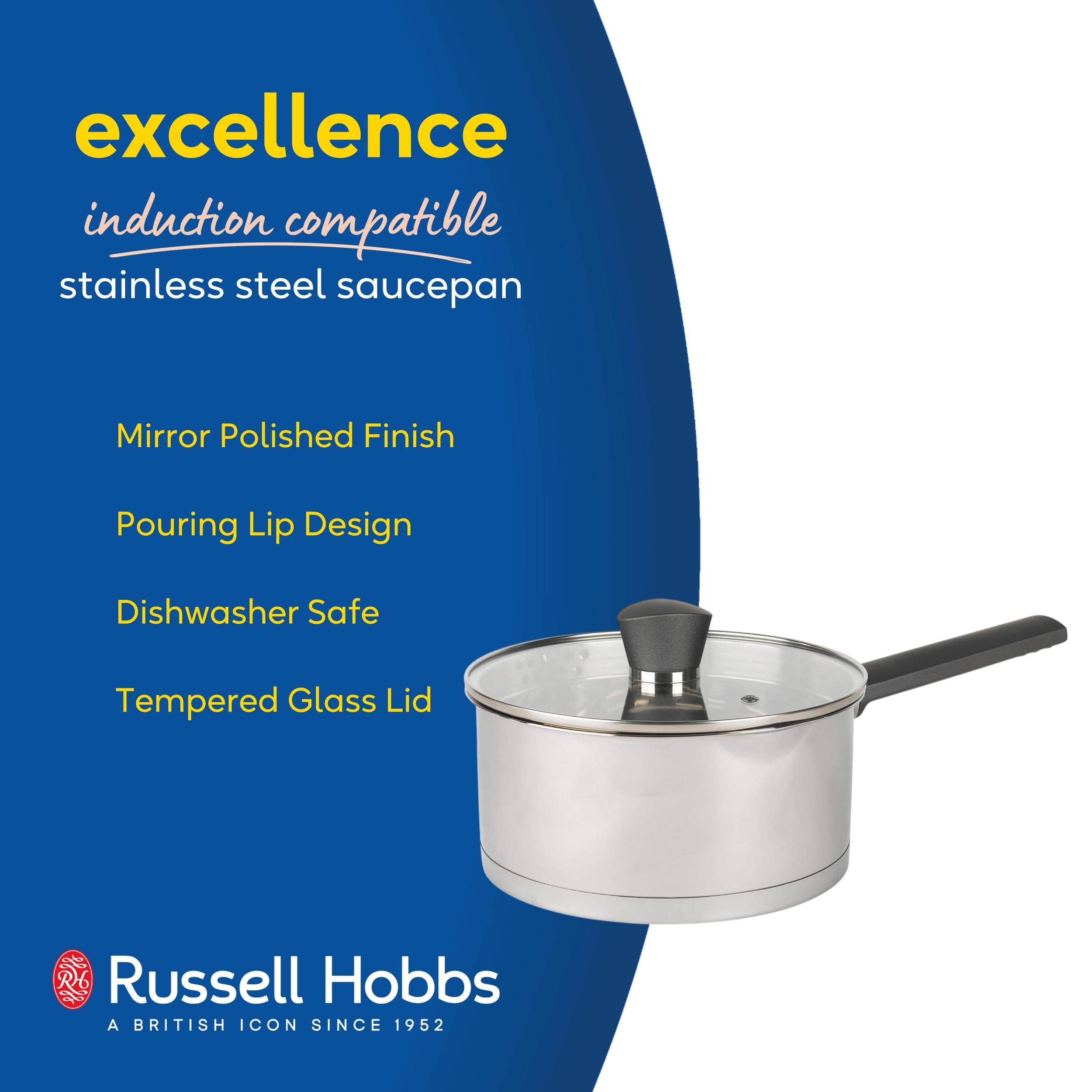 Russell Hobbs Excellence Collection 20 cm Stainless Steel Saucepan with Lid | Induction Compatible | Pouring Lip 2