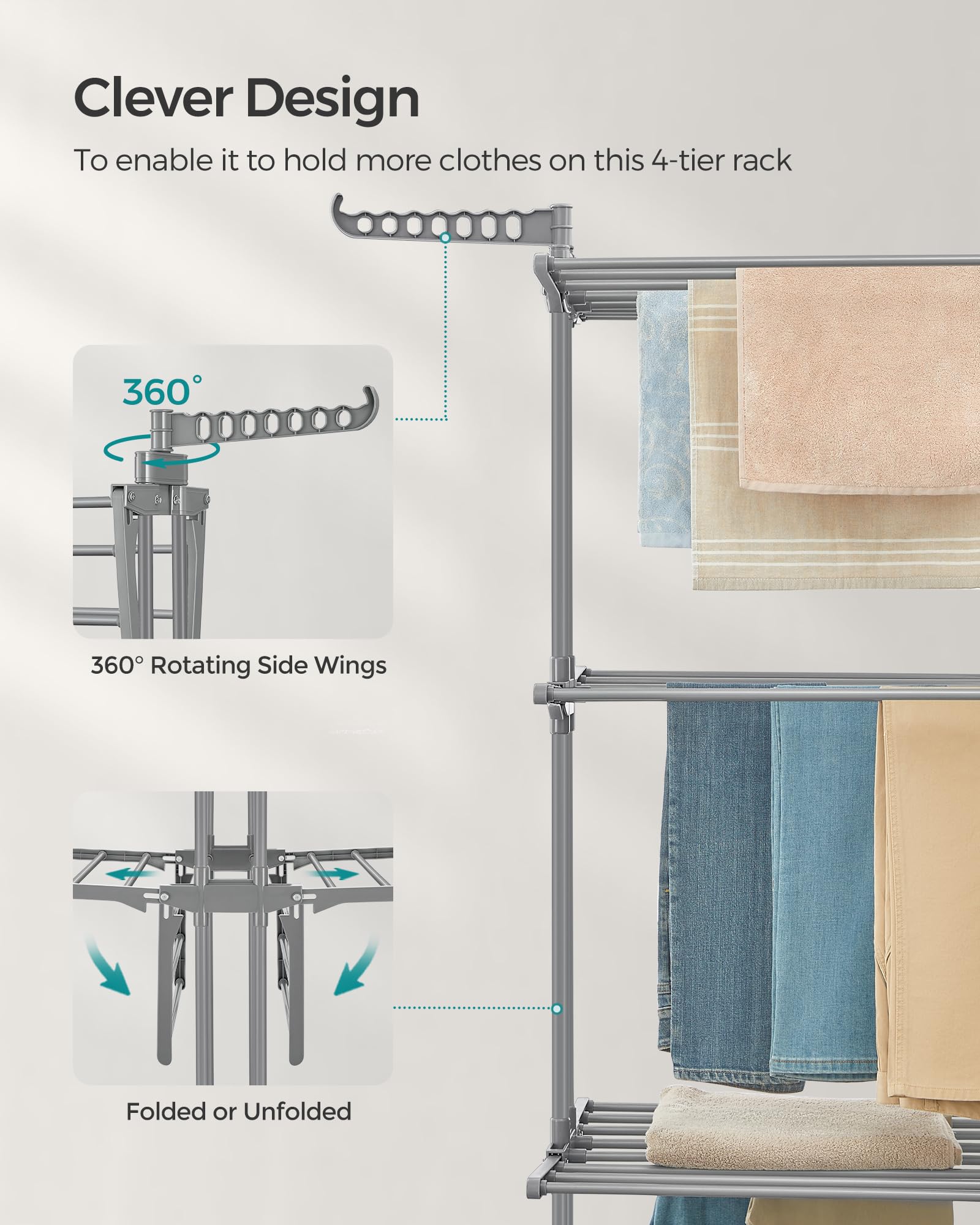 SONGMICS Large Clothes Drying Rack - 4-Tier Foldable Airer | 35 kg Capacity | Stainless Steel 5